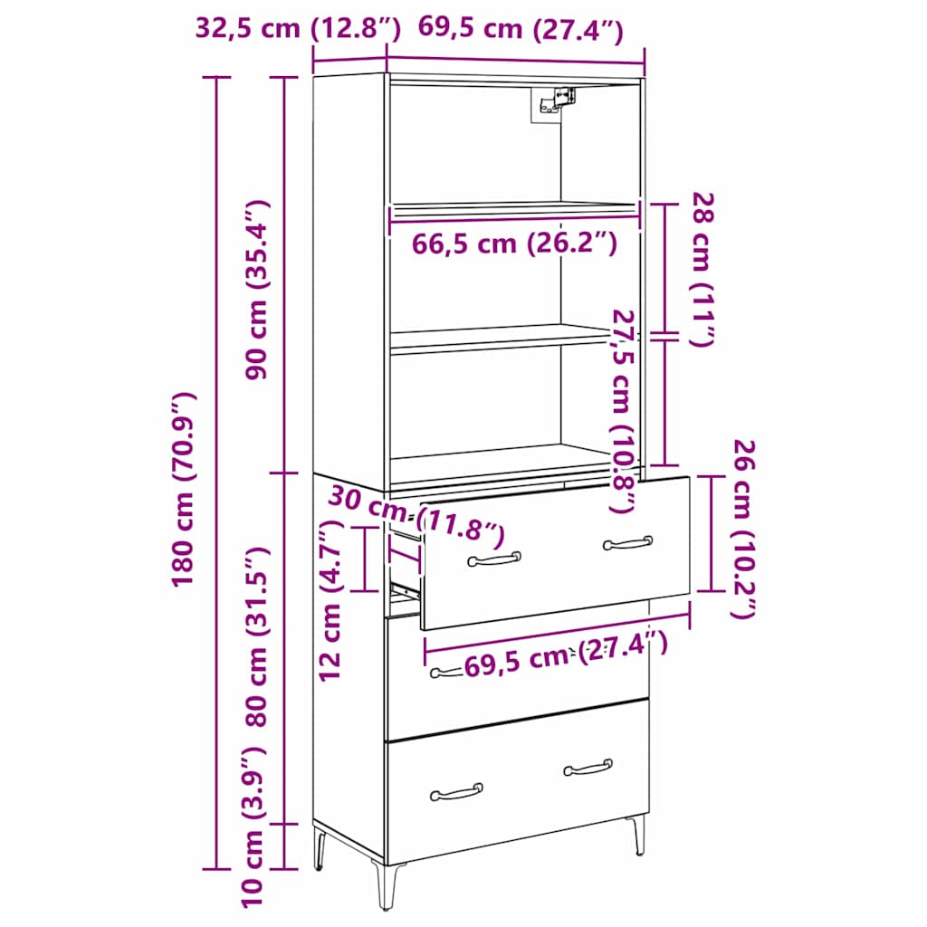 Highboard Schwarz Eichen-Optik 69,5 x 34 x 180 cm Holzwerkstoff