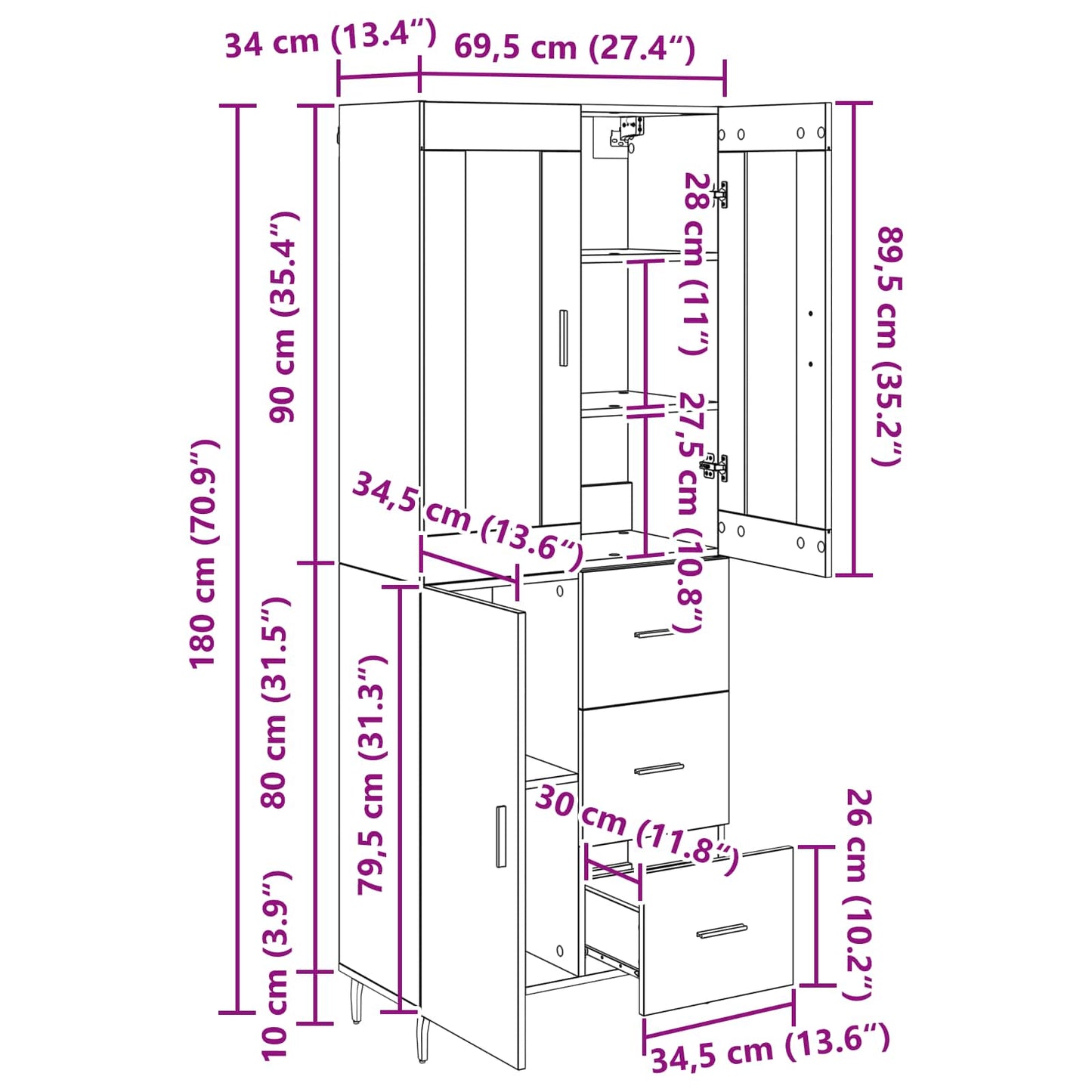 Highboard 2 stk. Schwarz Eichen-Optik 69,5 x 34 x 180 cm