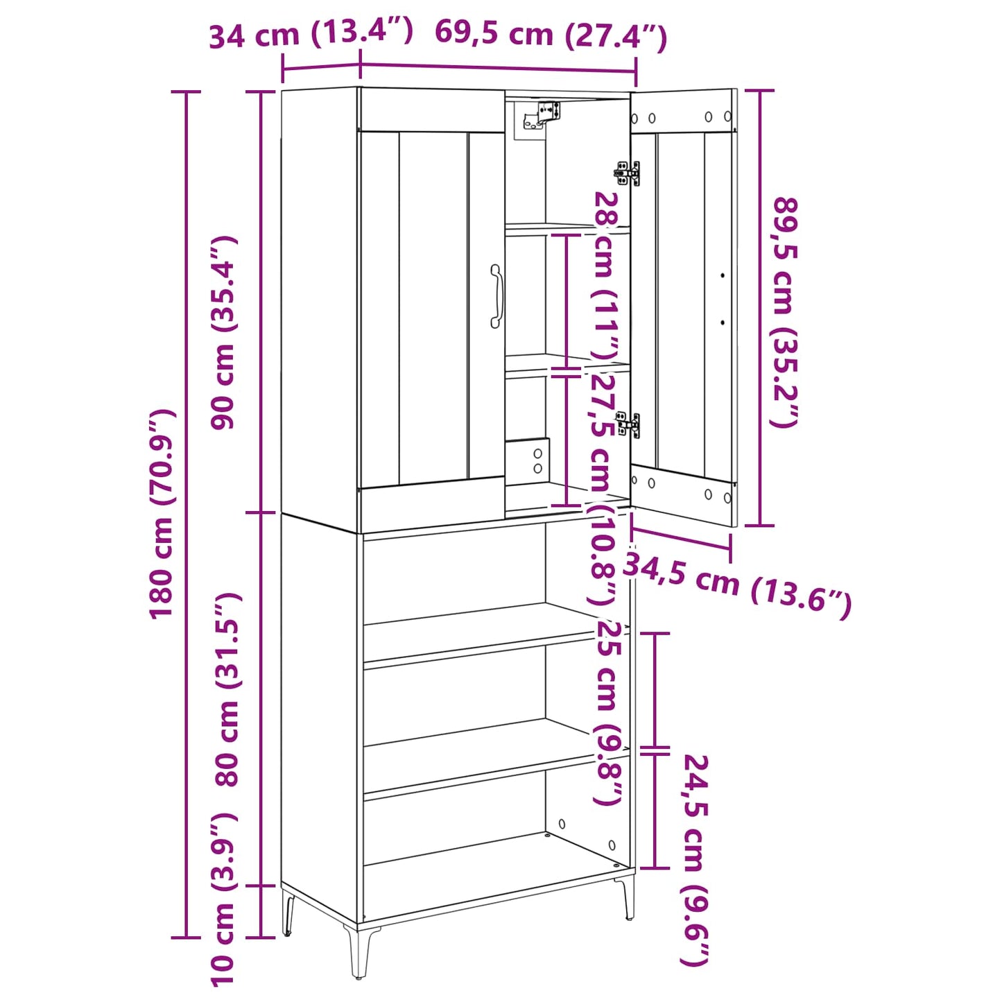Highboard Schwarz Eichen-Optik 69,5 x 34 x 180 cm Holzwerkstoff