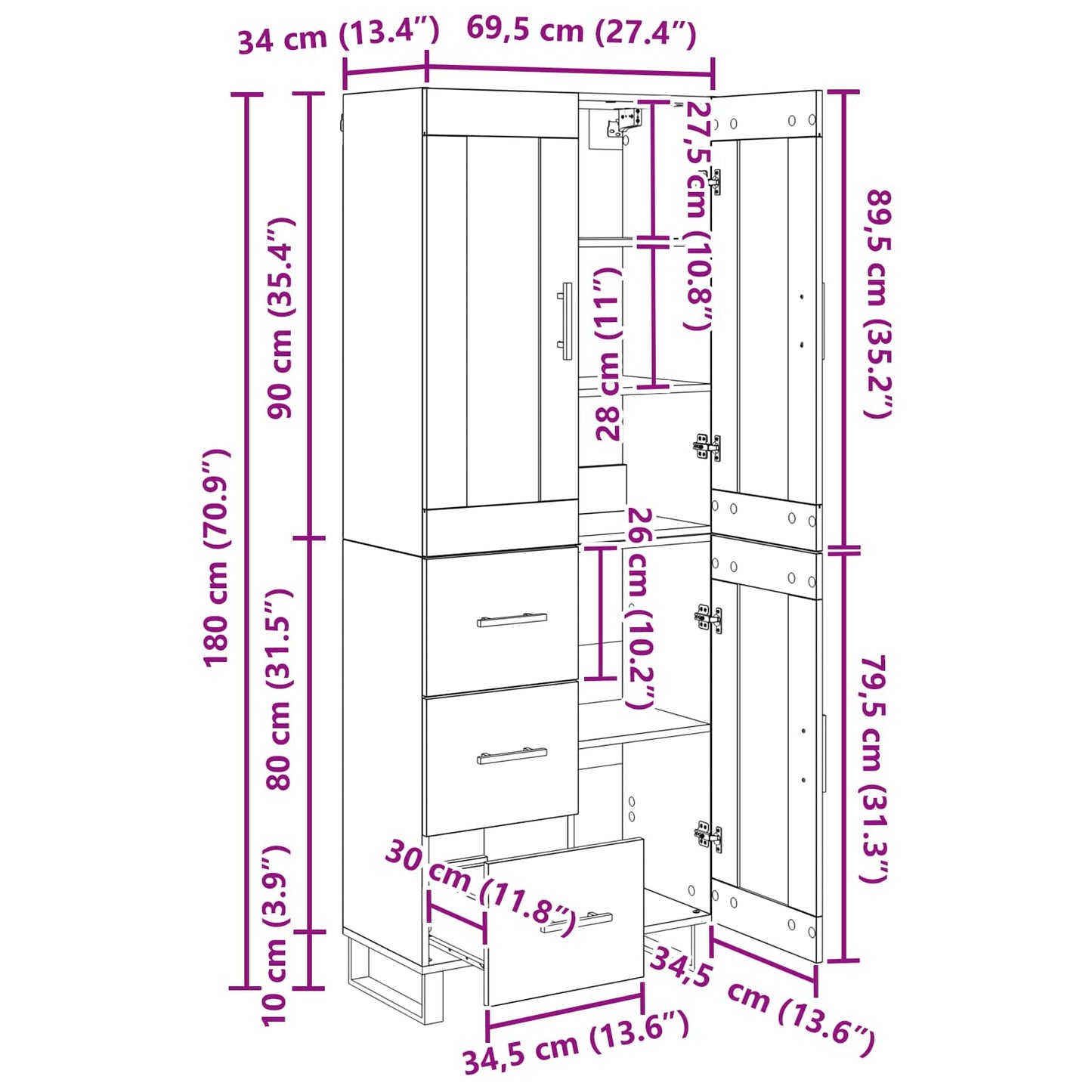 Highboard 2 stk. Schwarz Eichen-Optik 69,5 x 34 x 180 cm