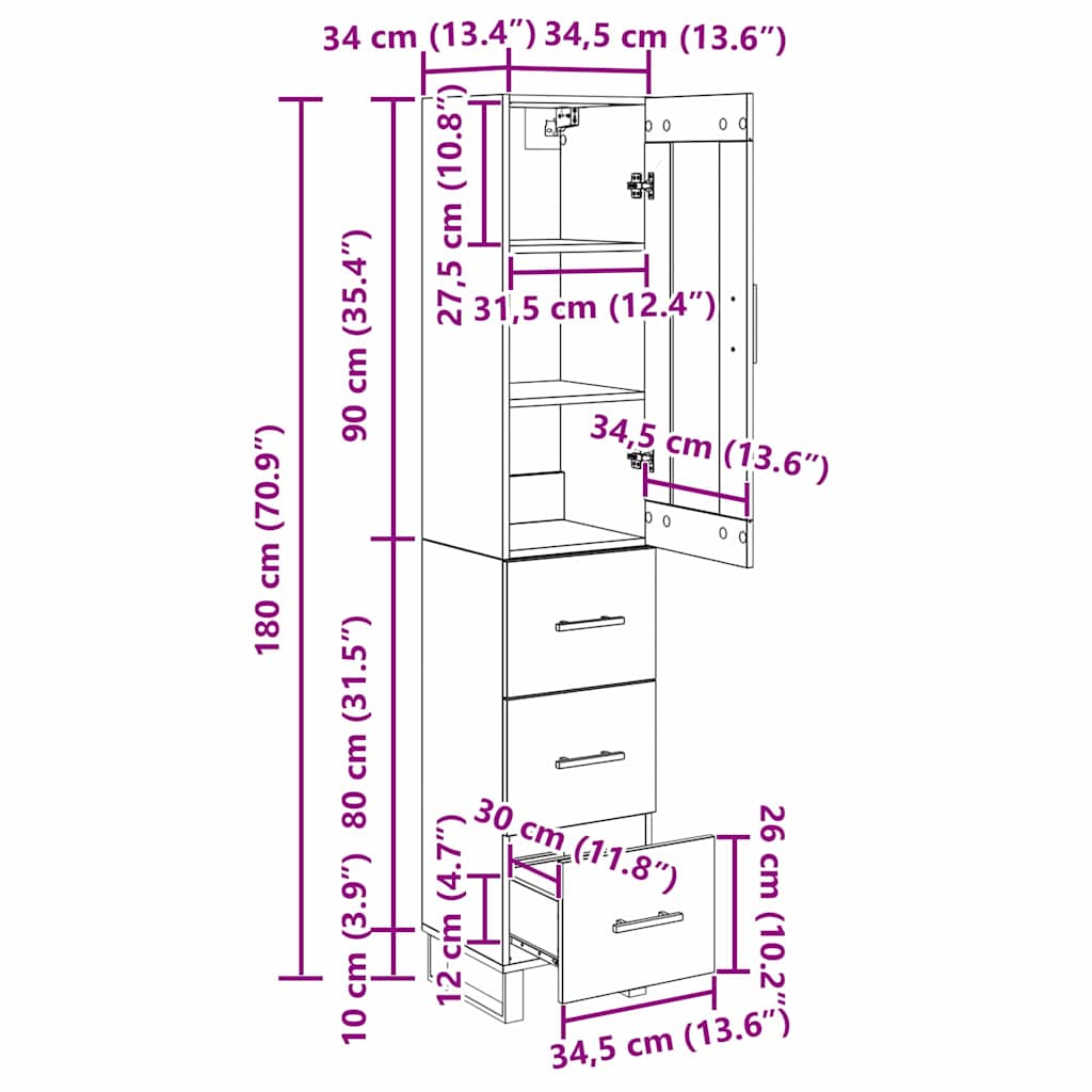 Highboard Schwarz Eichen-Optik 34,5 x 34 x 180 cm Holzwerkstoff