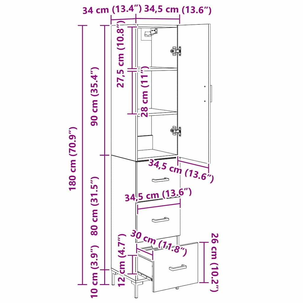 Highboard Schwarz Eichen-Optik 34,5 x 34 x 180 cm Holzwerkstoff