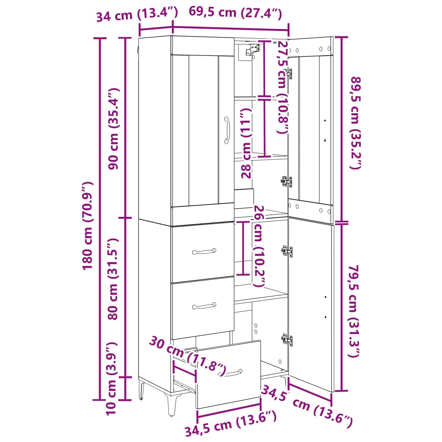 Highboard Schwarz Eichen-Optik 69,5 x 34 x 180 cm Holzwerkstoff