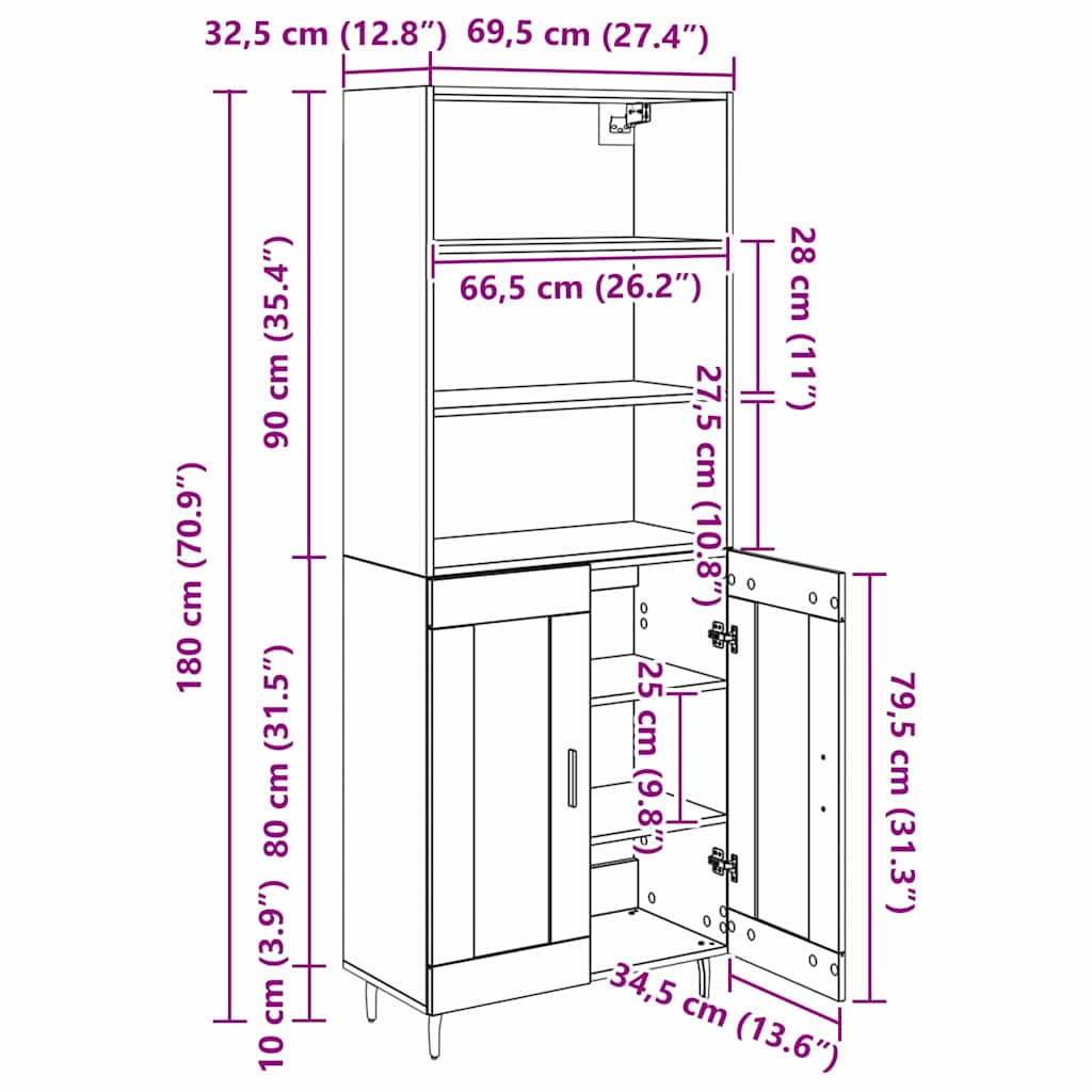 Highboard 2 Stk. Schwarz Eichen-Optik 69,5 x 34 x 180 cm