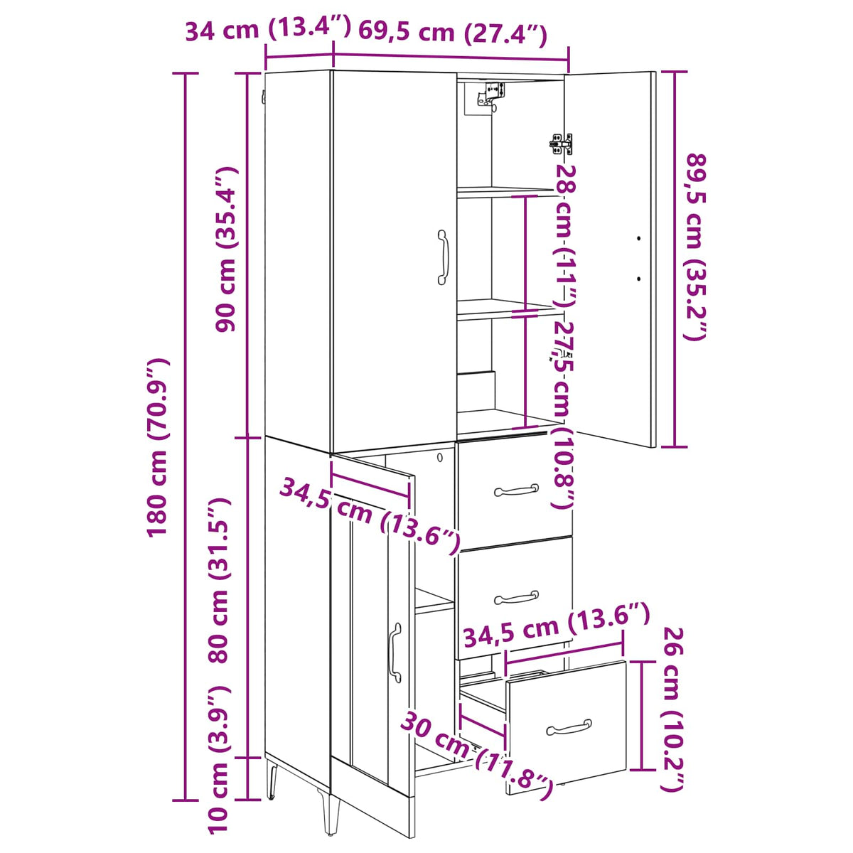 Highboard Schwarz Eichen-Optik 69,5 x 34 x 180 cm Holzwerkstoff