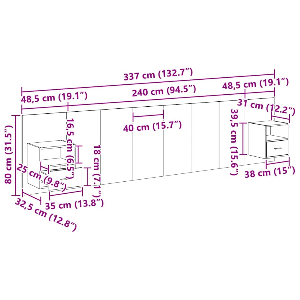 Kopfteil mit Schrank 3 stk. Schwarz Eichen-Optik Holzwerkstoff