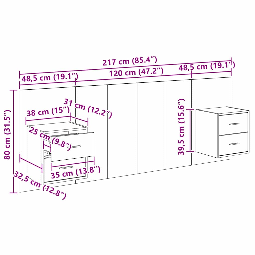 Kopfteil mit Schrank 3 stk. Schwarz Eichen-Optik Holzwerkstoff