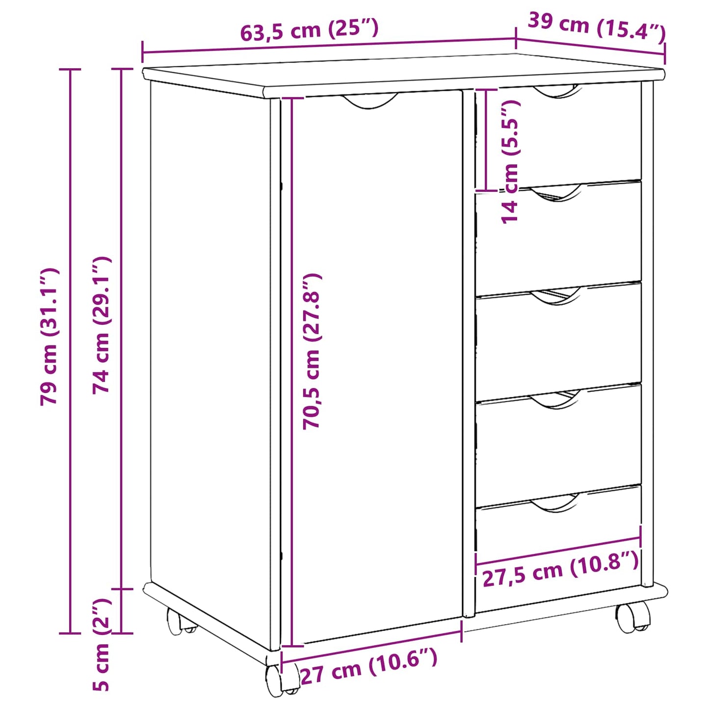 Rollschrank 63,5 x 39 x 79 cm Massivholz Kiefer Honigbraun
