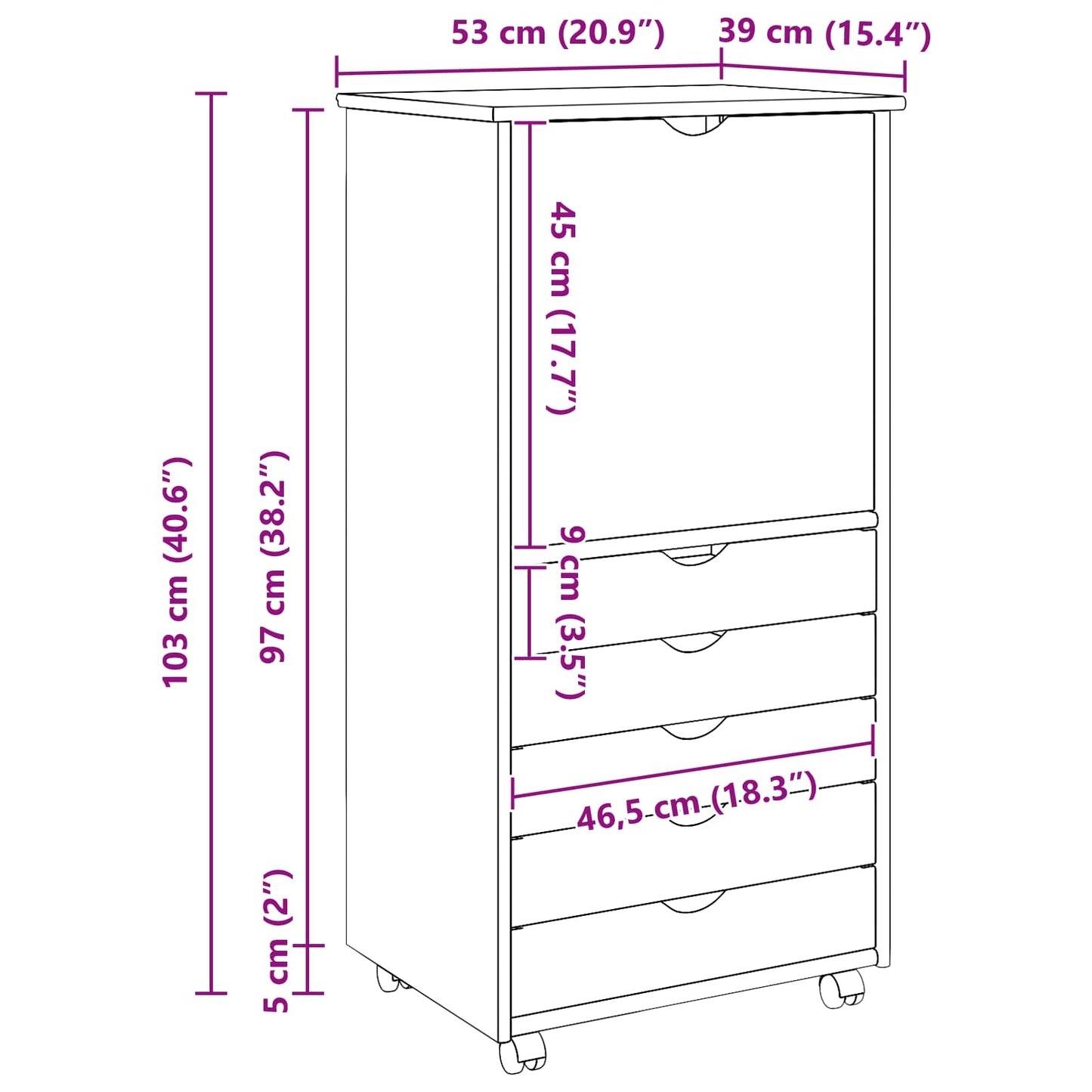 Rollschrank 53 x 39 x 103 cm Massivholz Kiefer Weiß
