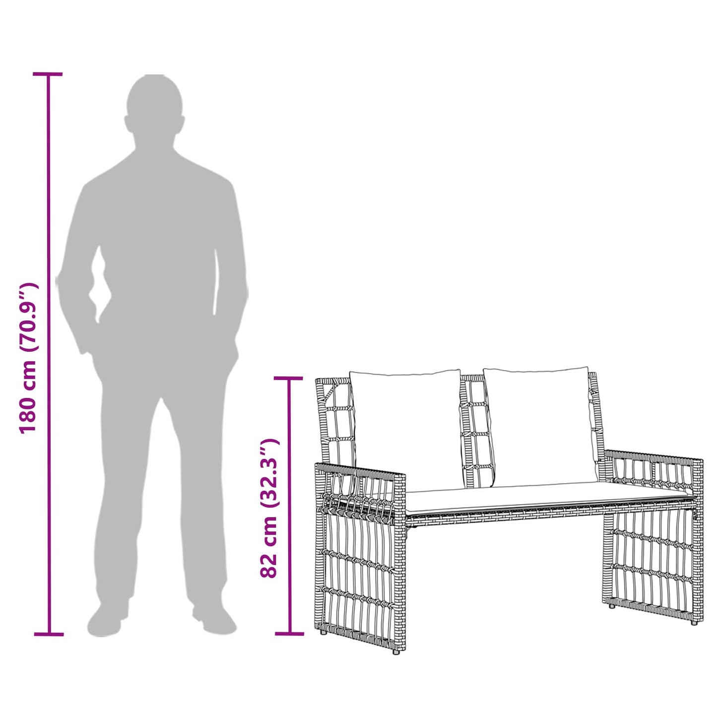Bank Outdoor 2 -Seater 116 x 55 x 82 cm Steel and Poly Rattan