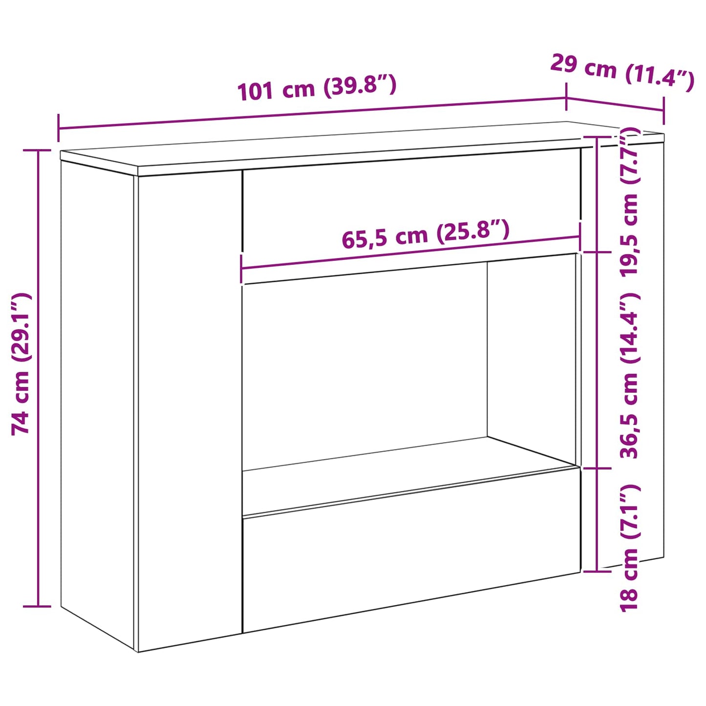 Schwarz Eichen-Optik 101 x 29 x 74 cm