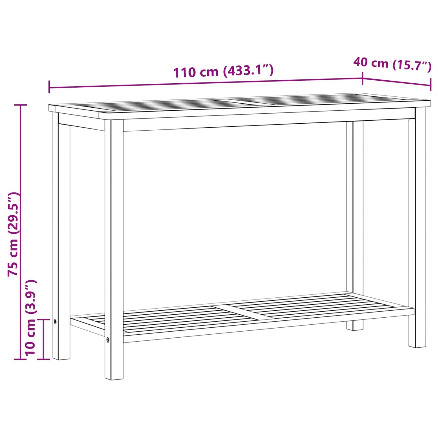 Gartenkonsole Tisch Helles Akazienholz 110 x 40 x 75 cm