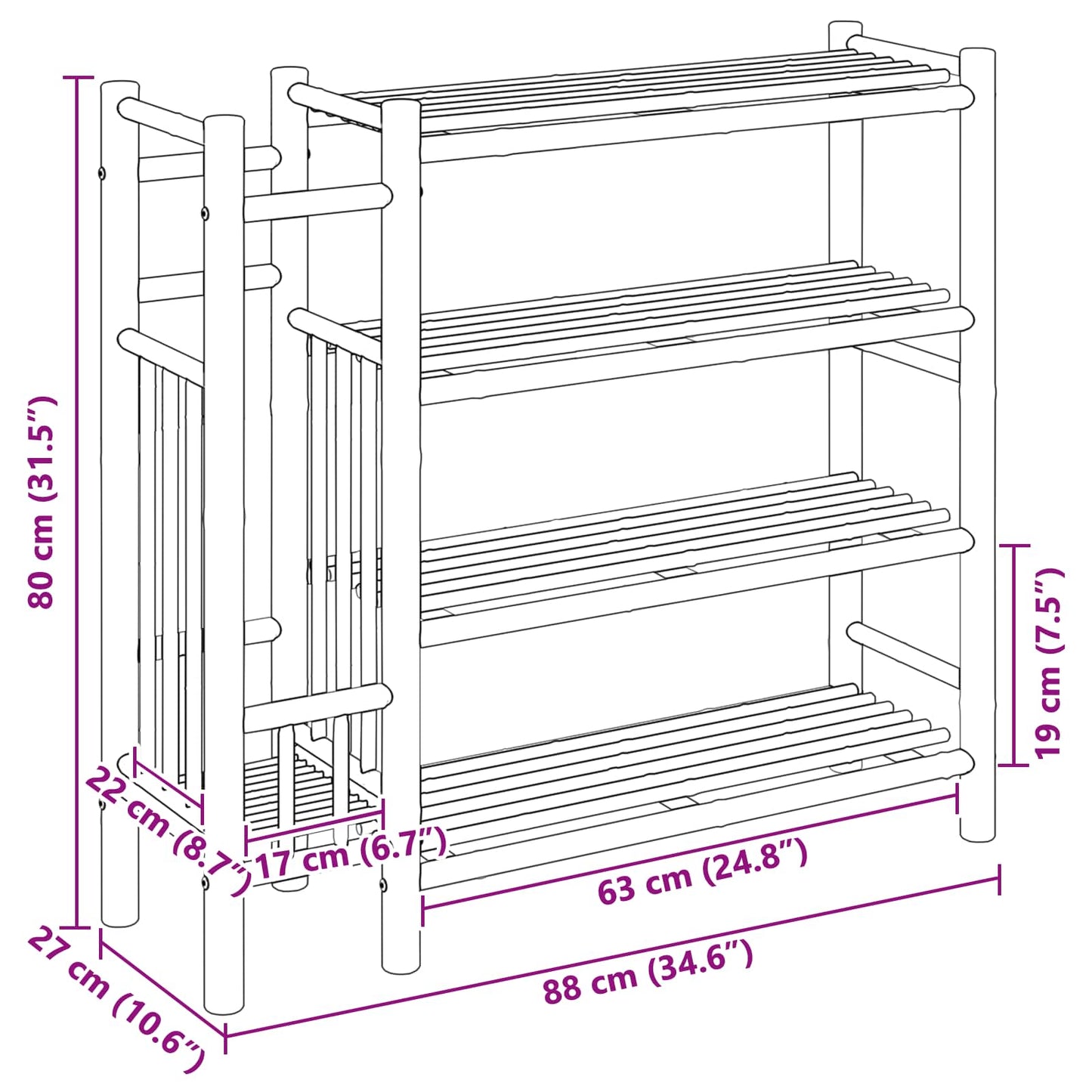 Schuhregal 88 x 27 x 80 cm Bambus Natur