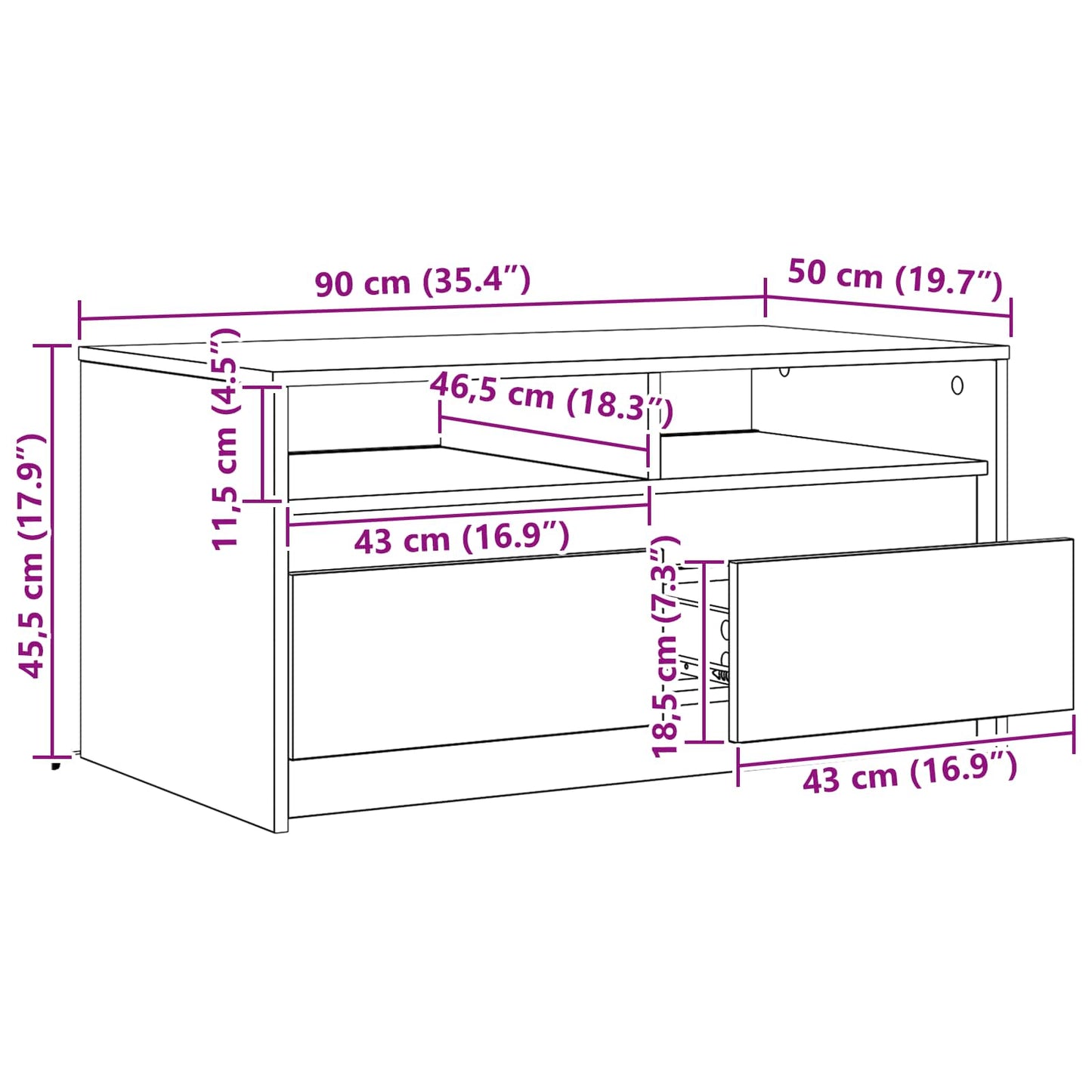 Couchtisch Schwarz Eichen-Optik 90 x 50 x 45 cm Holzwerkstoff