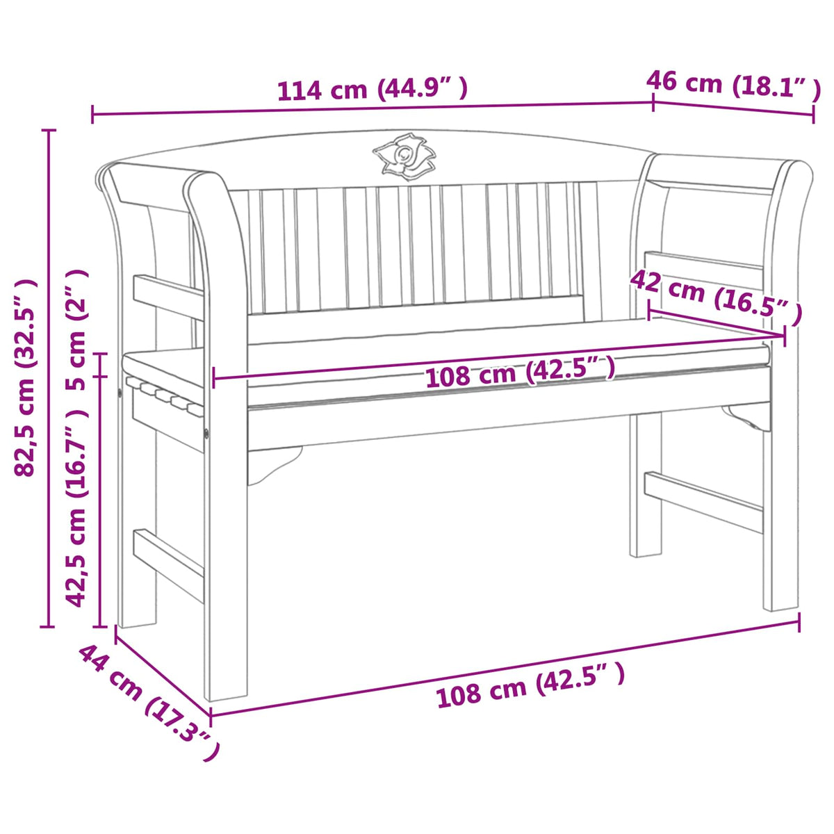 Rosenbank 2 -Sitzer 114 x 46 x 82,5 cm Massivholz Akazie