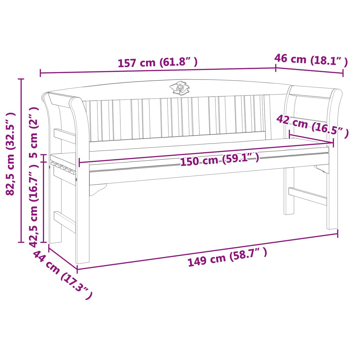 Rosenbank Natur 157 x 46 x 82,5 cm Massivholz Akazie