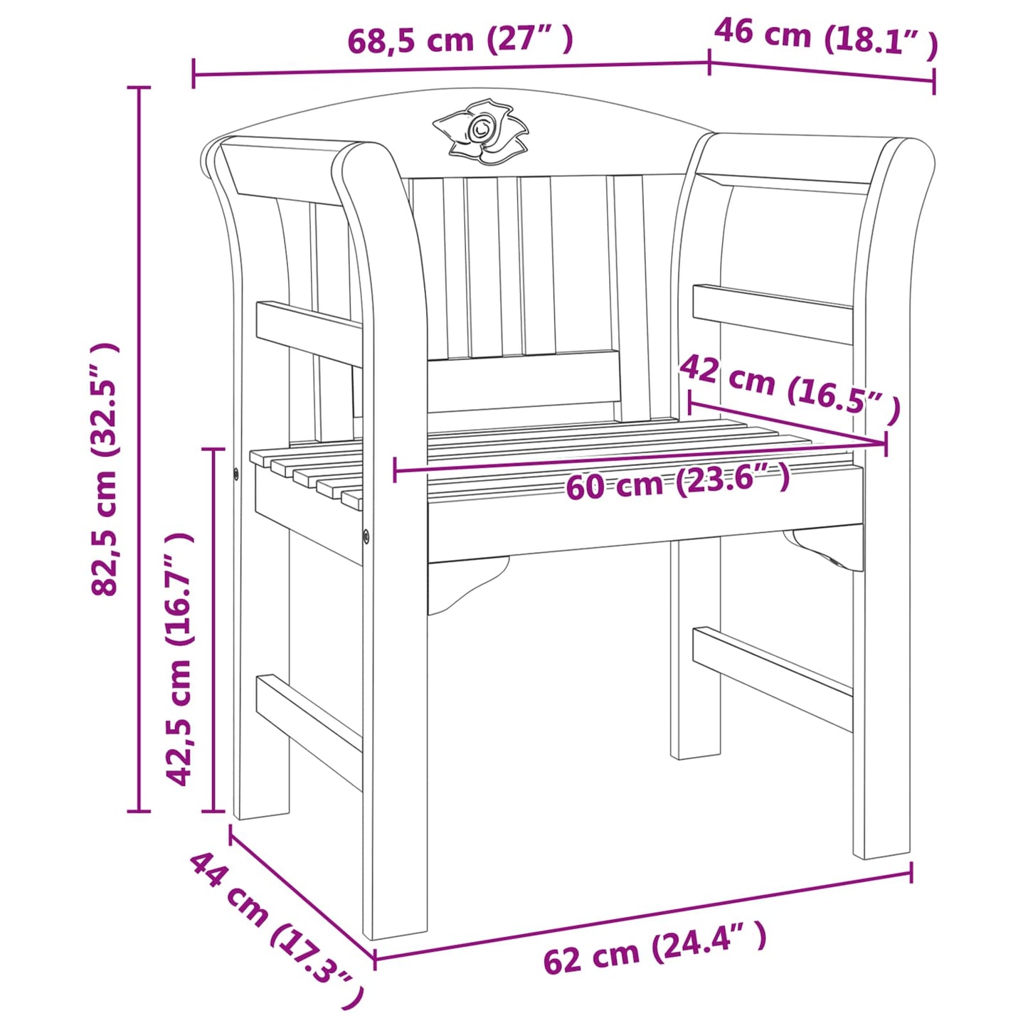 Rosenbank Natur 68,5 x 46 x 82,5 cm Massivholz Akazie