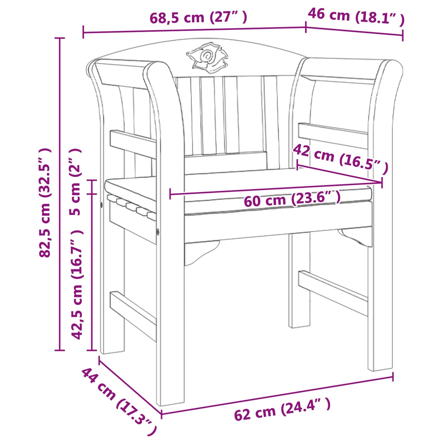 Rosenbank Natur 68,5 x 46 x 82,5 cm Massivholz Akazie