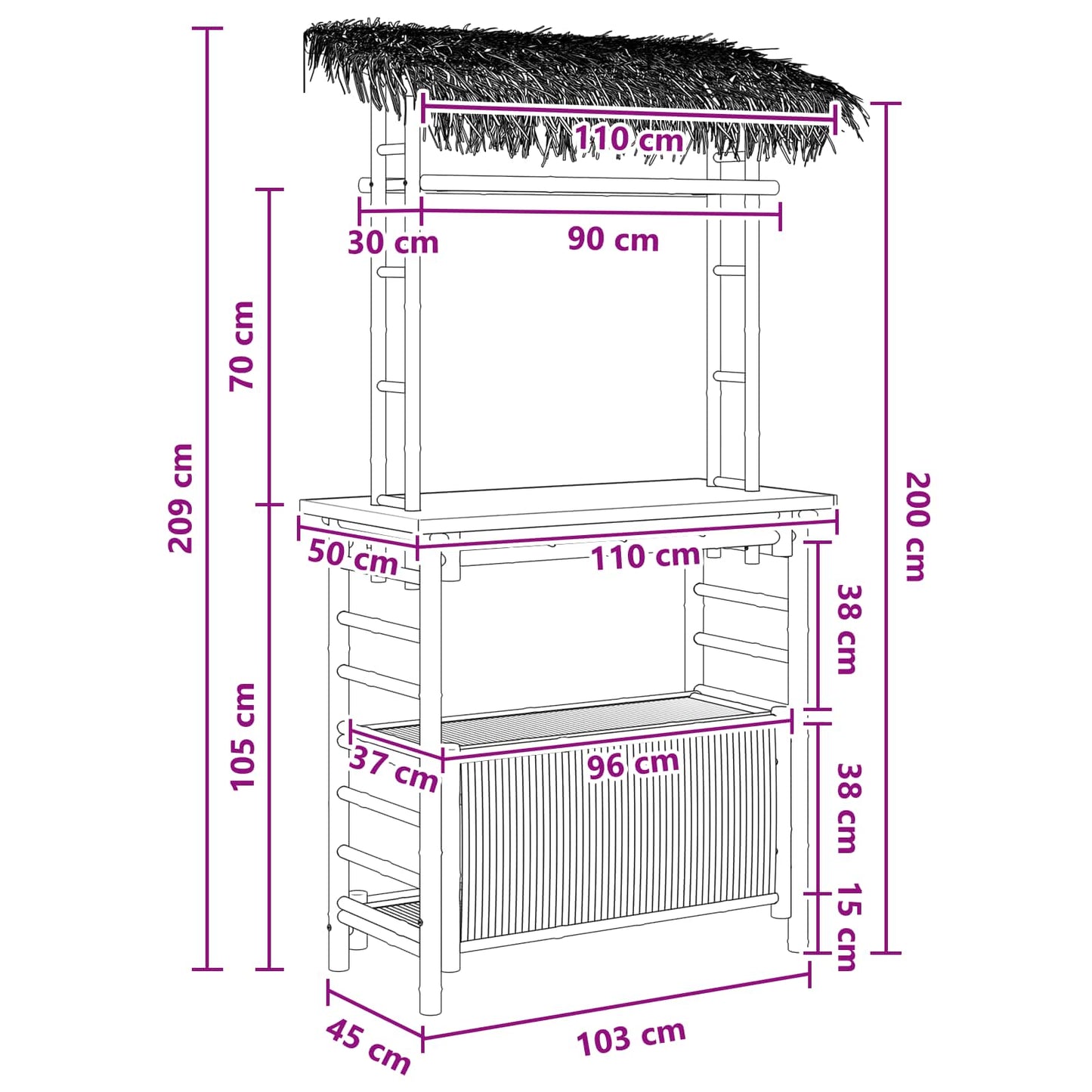 Outdoor Bartisch Natur 110 x 50 x 209 cm Bambus