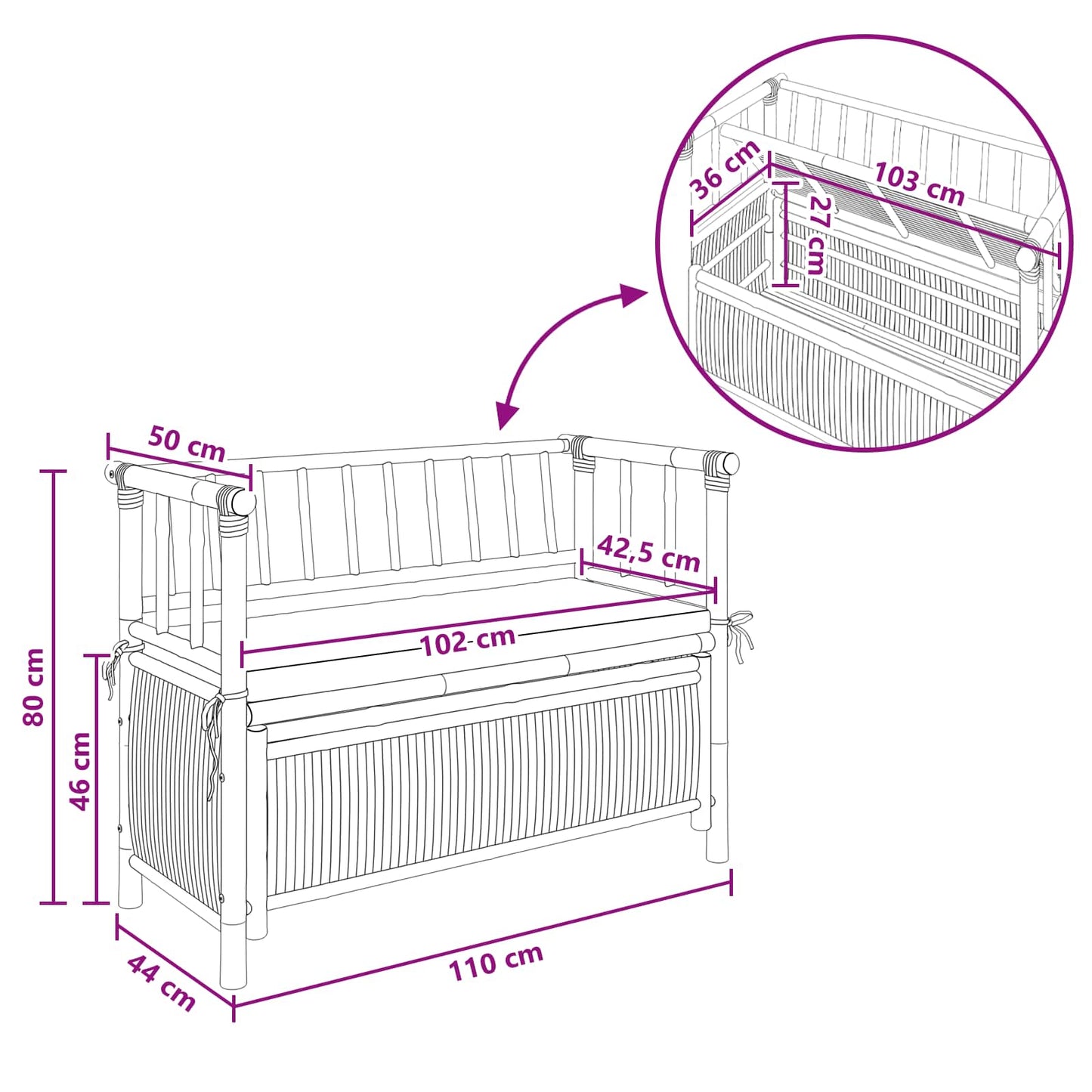 Garten-Aufbewahrungsbank 110 x 47 x 80 cm Bambus Natur