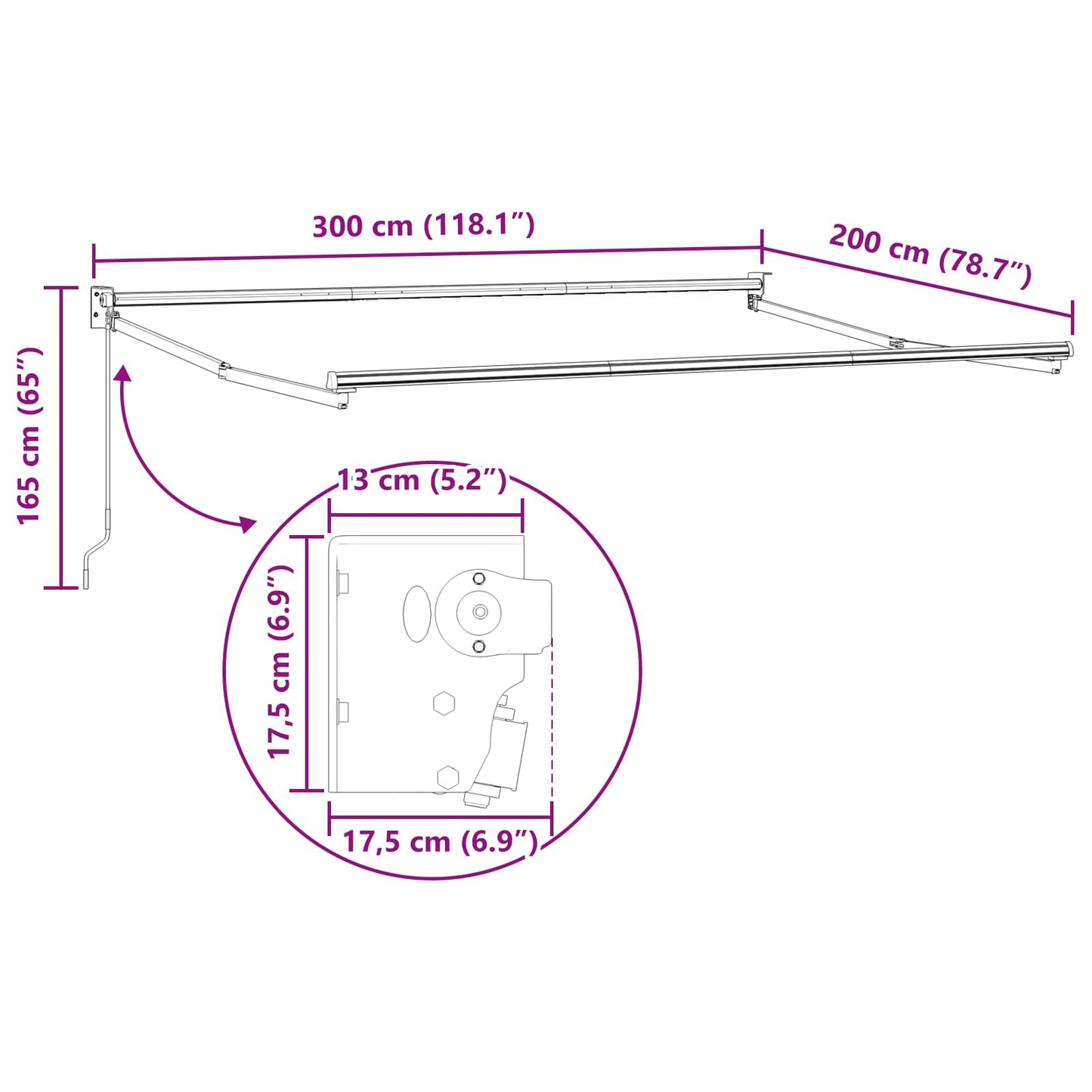 Manueller ausziehbarer Sonnenschirmrahmen Weiß 3 x 2 m