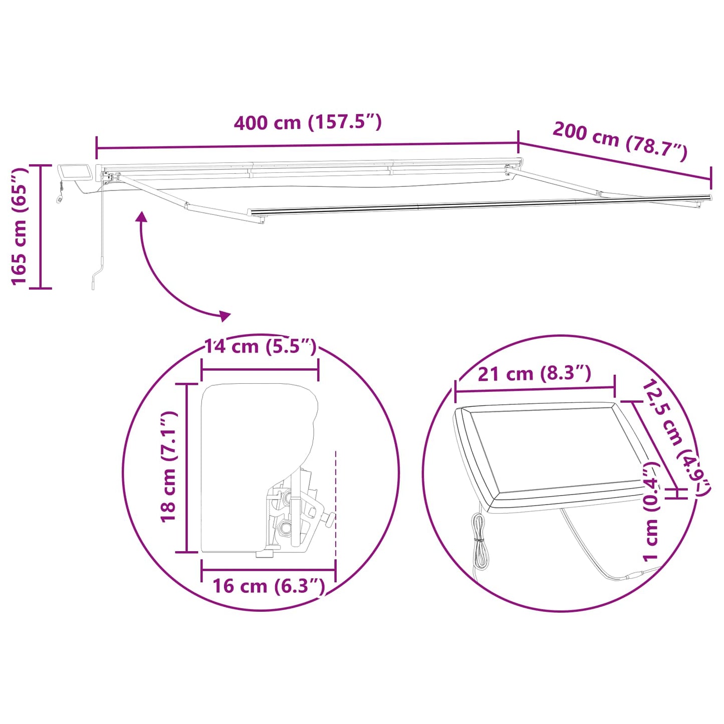 Manueller Markisenrahmen mit LEDs Anthrazit 4 x 2 m Aluminium