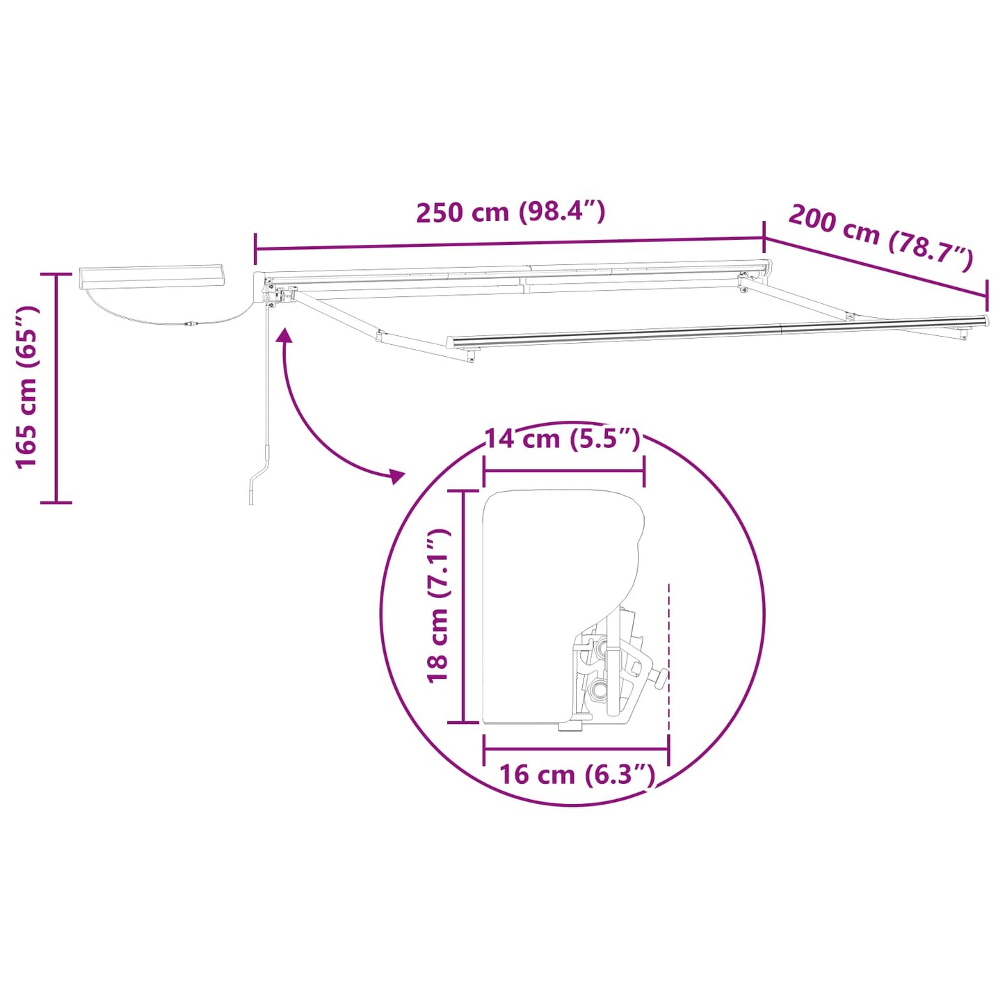 Electric Retractable Awning Frame Weiß 2,5 x 2 m Stahl