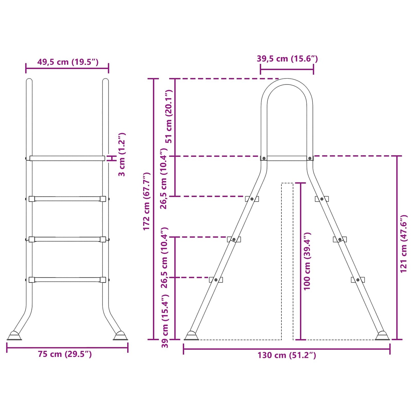 Leiter für Aufstellpools 100 cm 3-Step Edelstahl 304 Silber