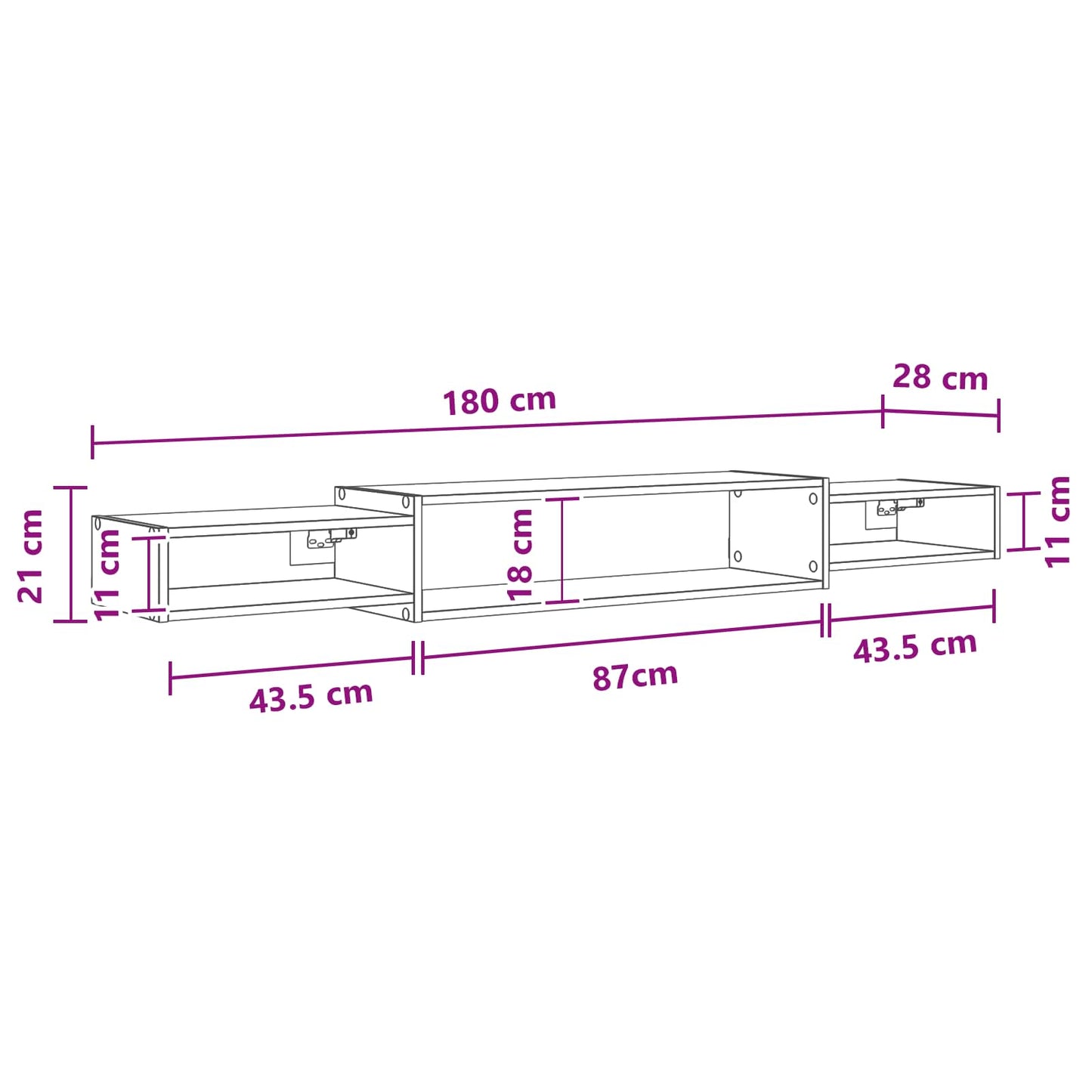 Wandmontierter TV-Schrank Wandhalterung Weiß 180 x 28 x 21 cm