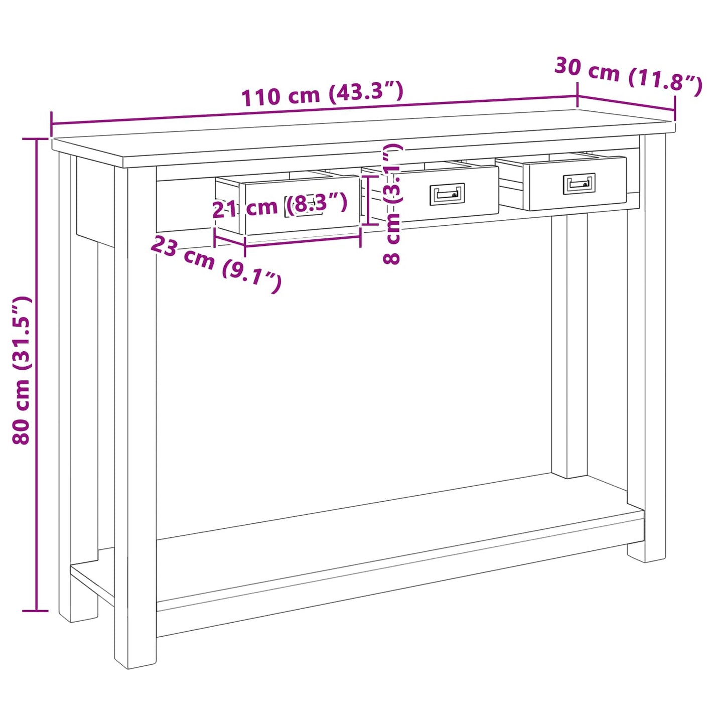 Konsolentisch Natur 110 x 30 x 80 cm Massivholz Teak