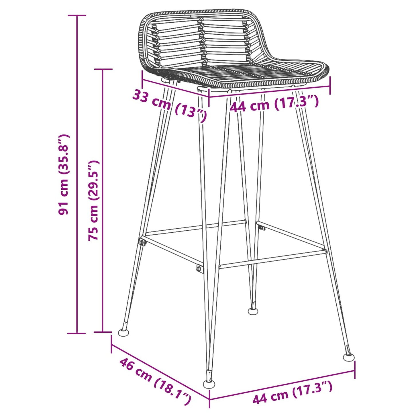 Barstuhl 44 x 46 x 91 cm Stangenstahl Durchmesser, 10mm