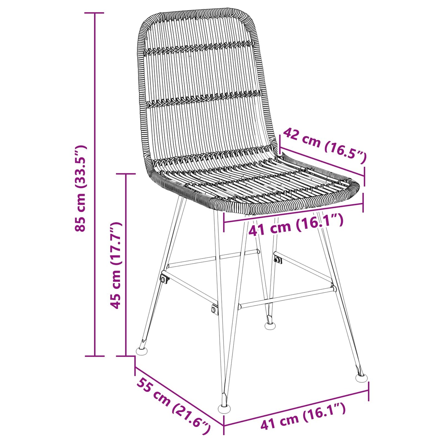 Esststuhl 2 stk. Rattan und Stahl Natur 41 x 55 x 85 cm