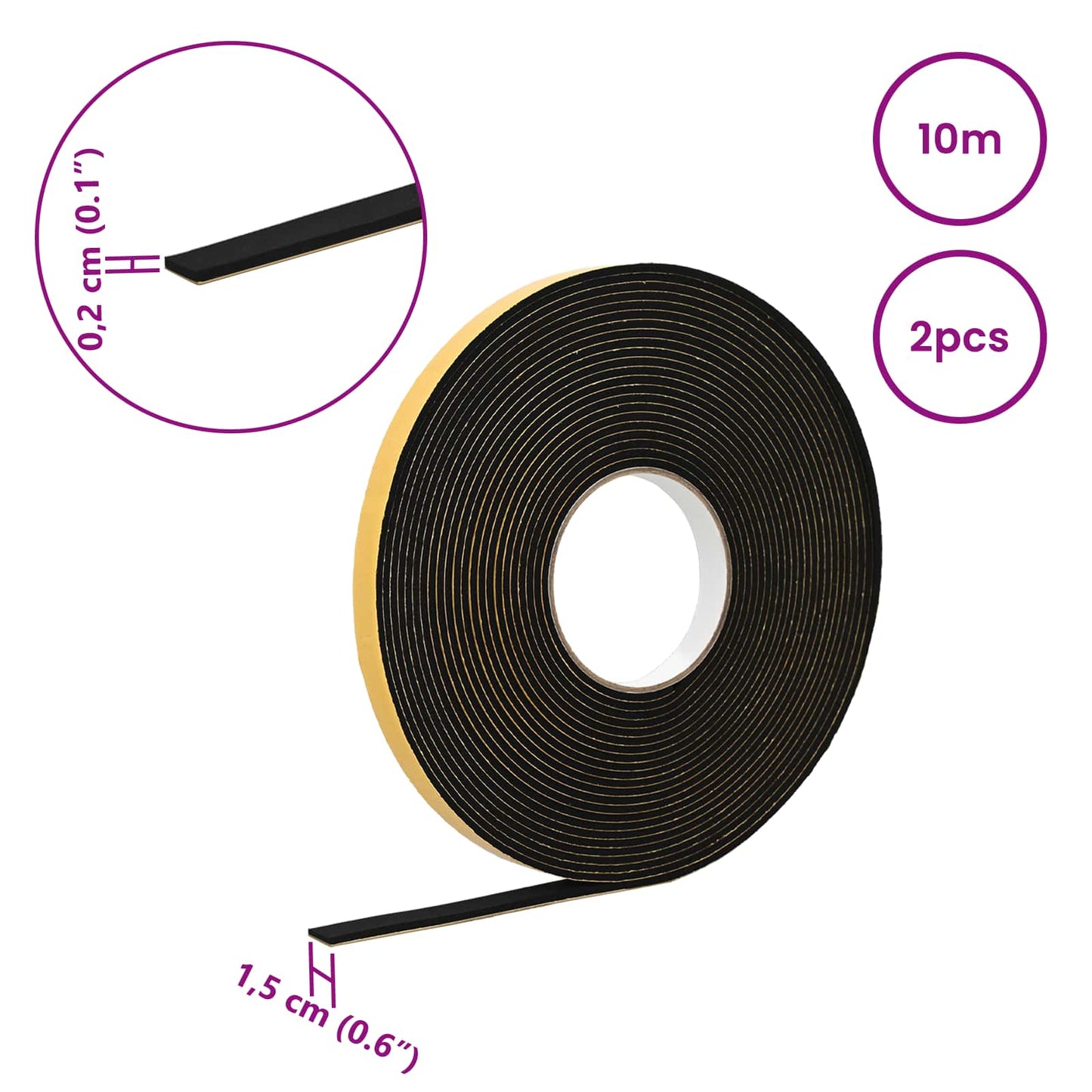 Selbstklebendes Schaumstoffband 2 Stk. Schwarz 15 mm x 10 m