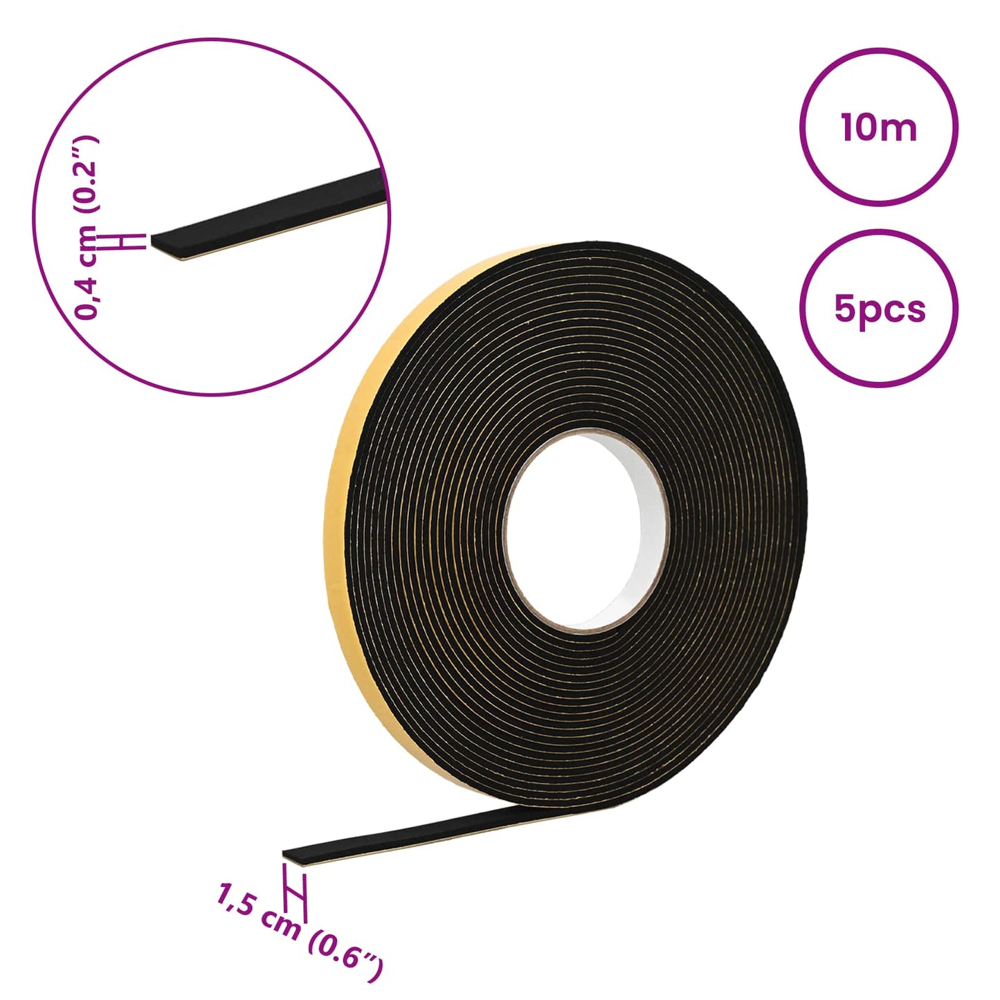 Selbstklebendes Schaumstoffband 5 Stk. Schwarz 15 mm x 10 m