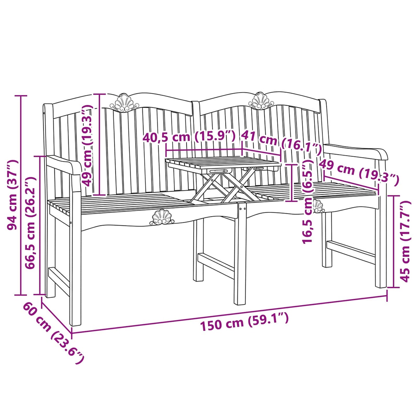 Handgefertigte Rosenbank 155 x 60 x 94 cm Massivholz Teak Natur