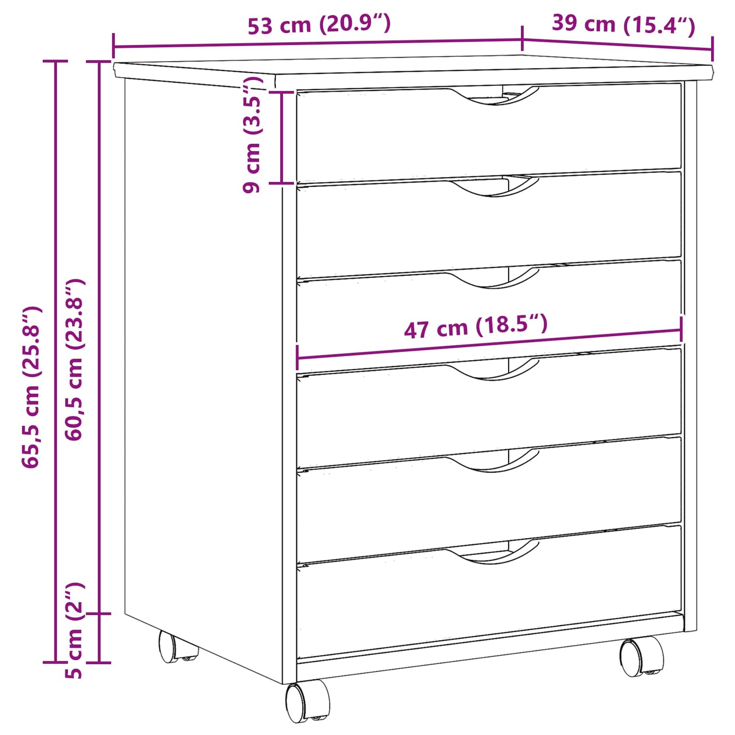 Rollcontainer mit Schubladen MOSS 53 x 39 x 65,5 cm Klarlack