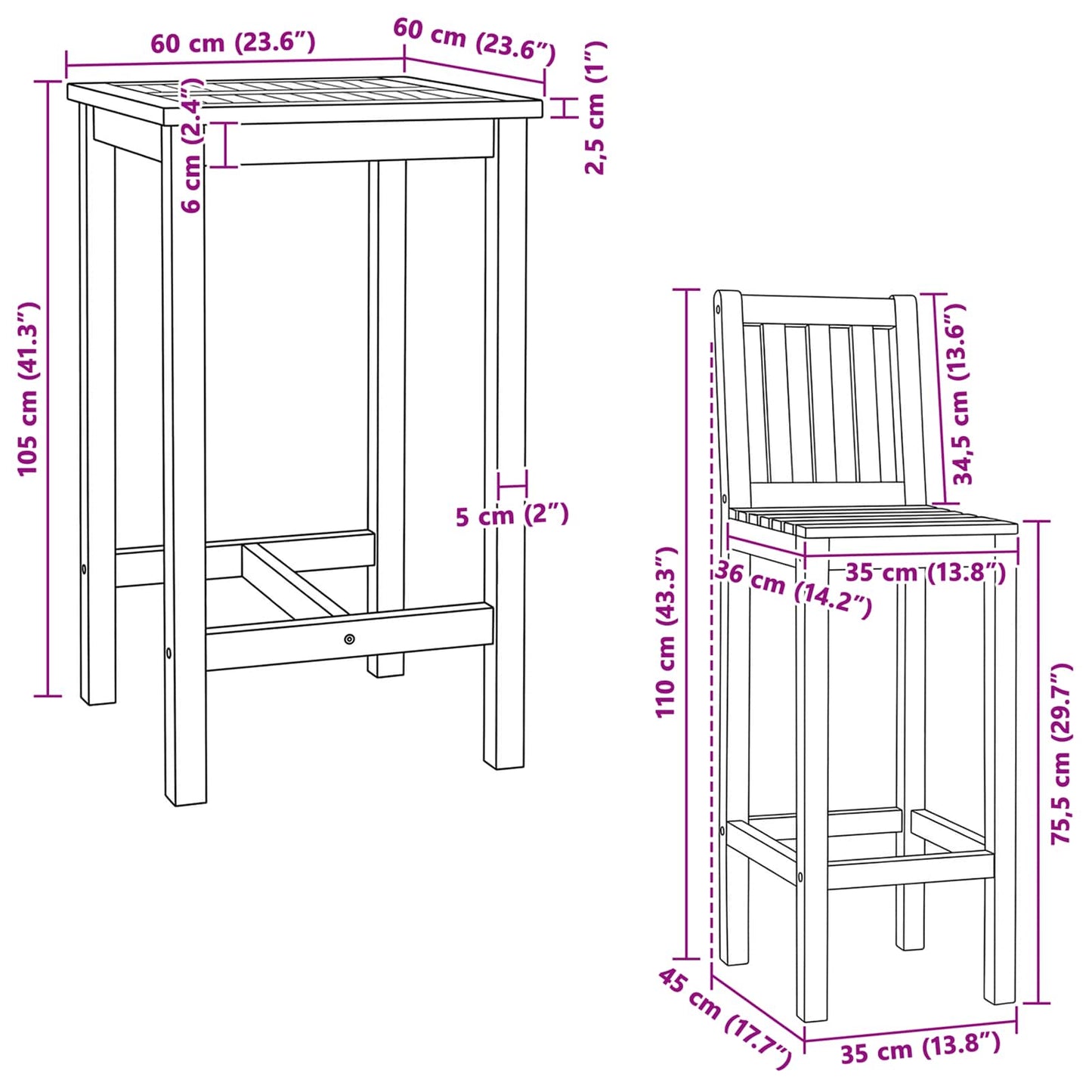 Outdoor Bar Set 3 stk. Unbehandelt Massivholz Teak