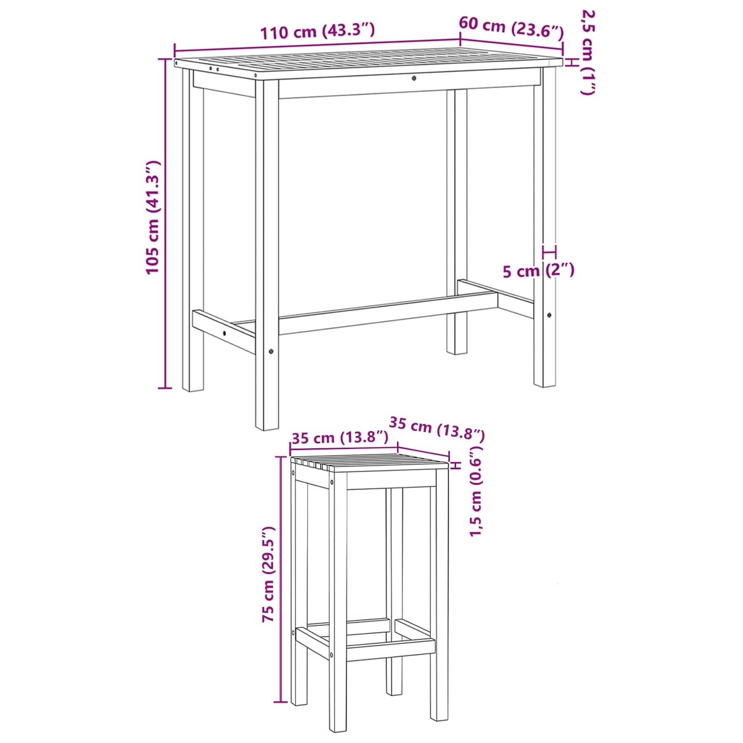 Outdoor Bar Set 5 stk. Unbehandelt Massivholz Teak