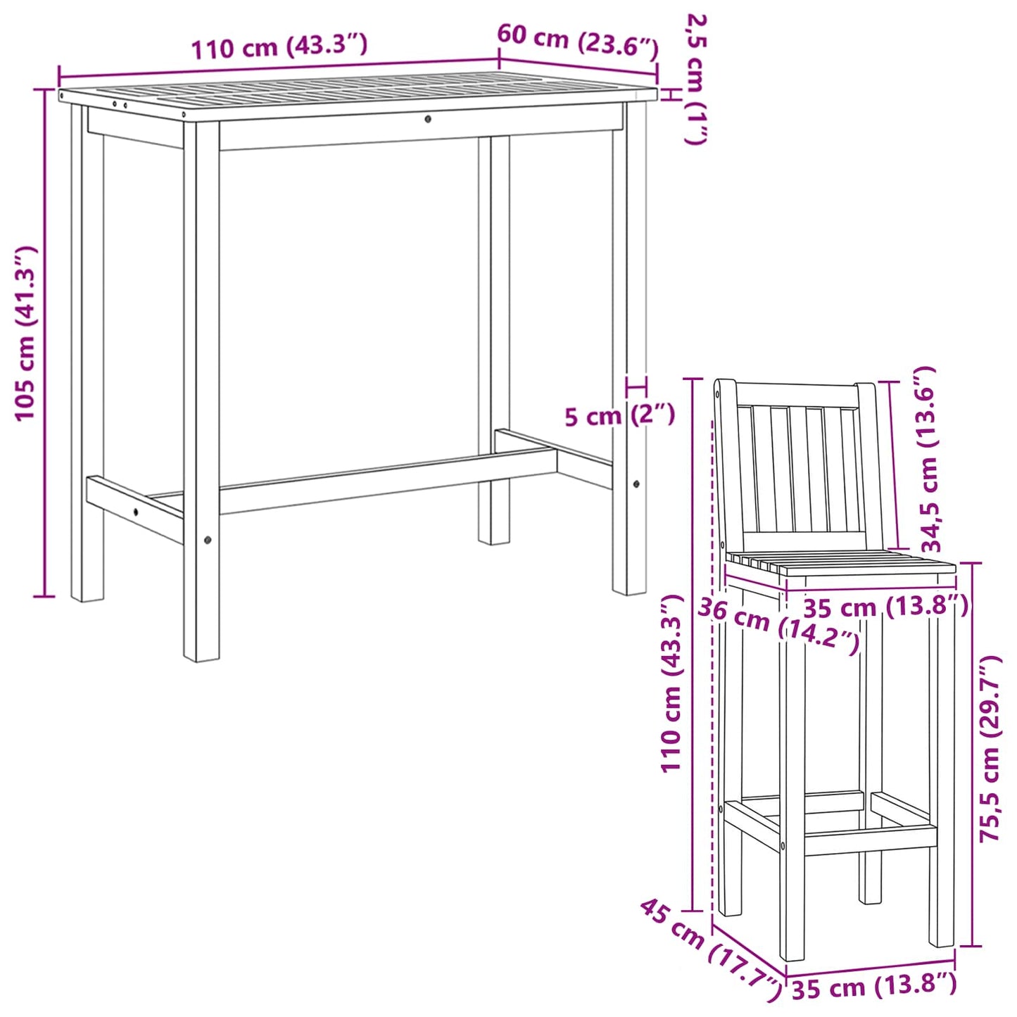 Outdoor Bar Set 5 stk. Unbehandelt Massivholz Teak