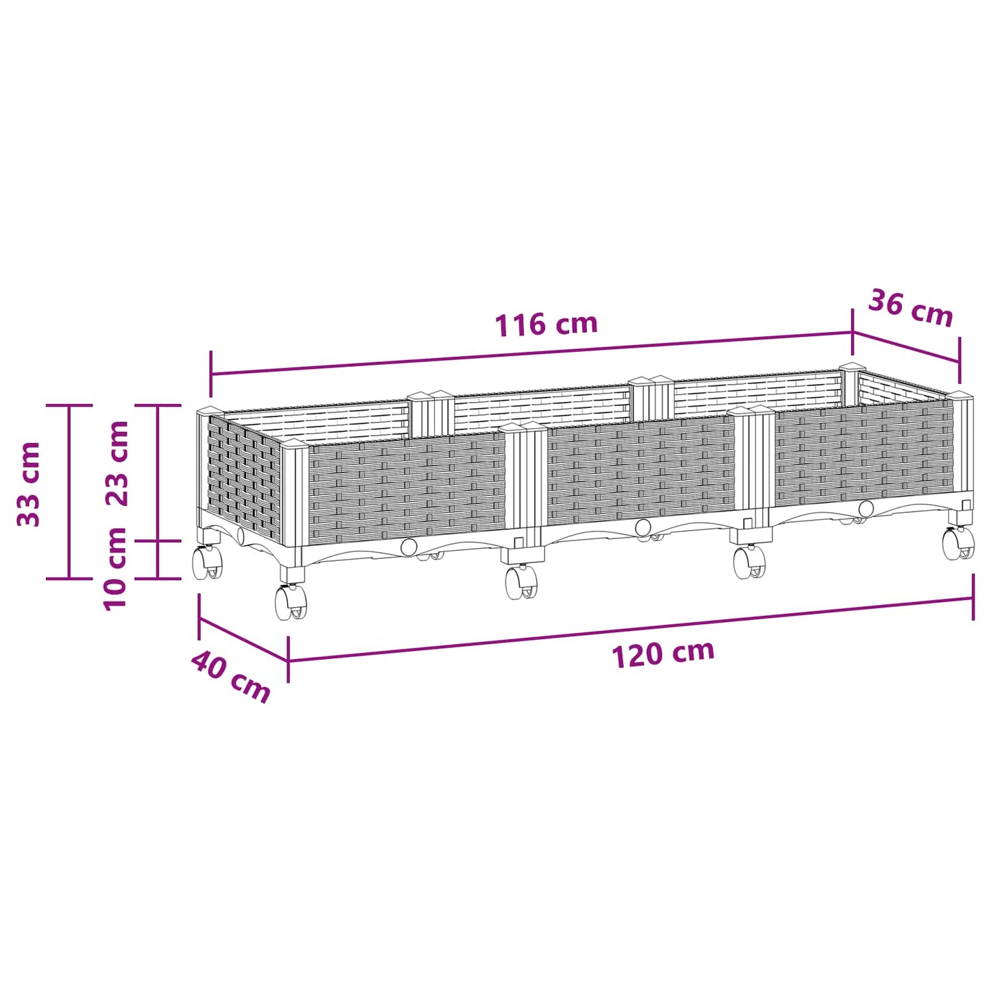 Gartenpflanzer mit Rädern Weiß 120 x 40 x 33 cm PP