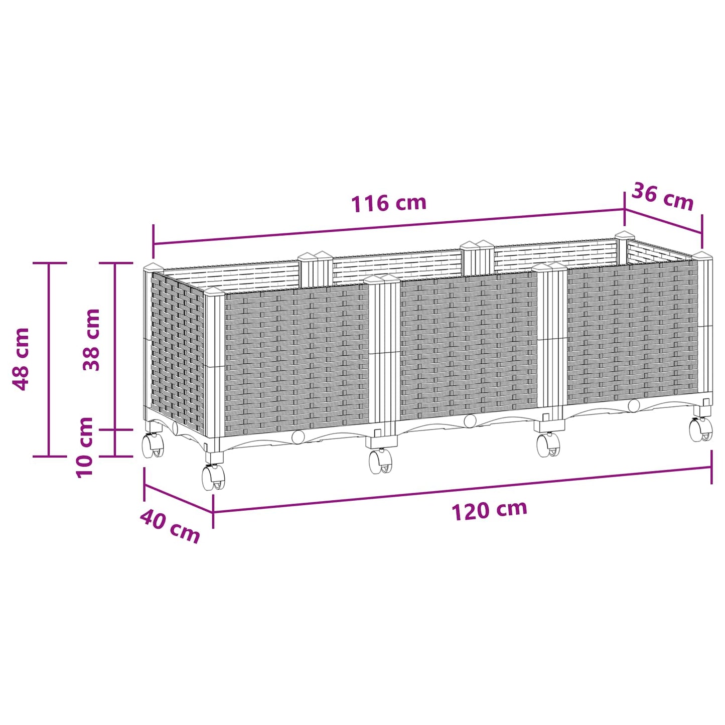 Gartenpflanzer mit Rädern Weiß 120 x 40 x 48 cm PP