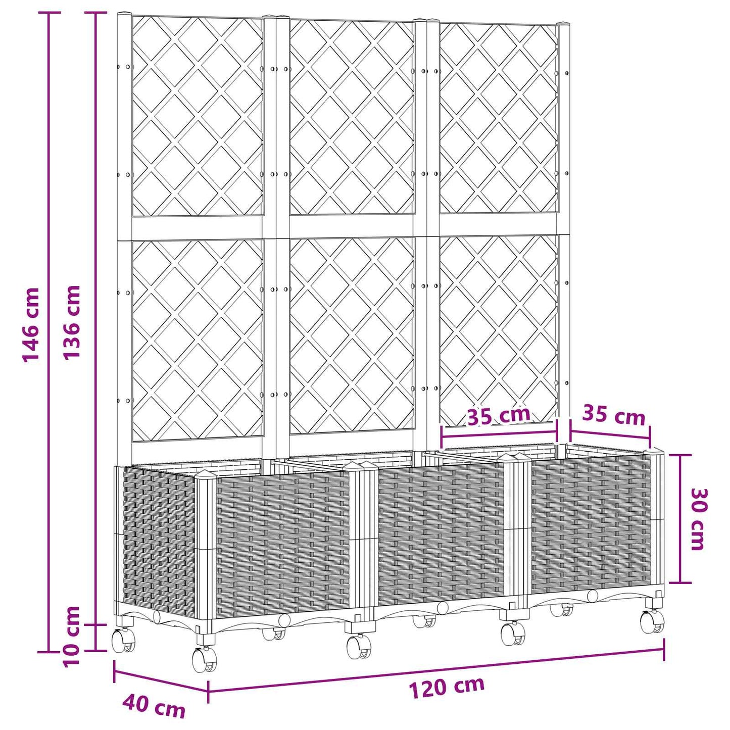 Pflanzkübel mit Spalier und Rädern Schwarz 120 x 40 x 146 cm PP