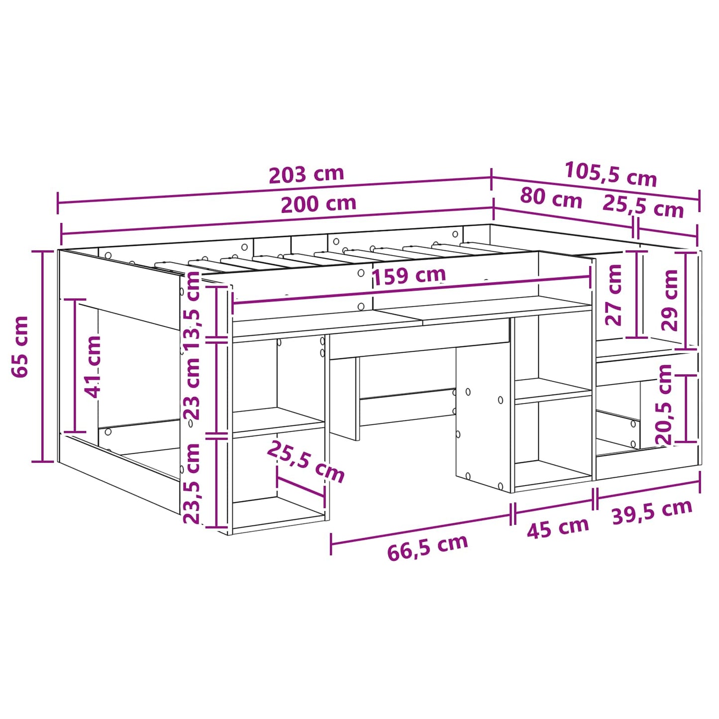 Kinderbettgestell mit Stauraum Schwarz Eichen-Optik 80 x 200 cm