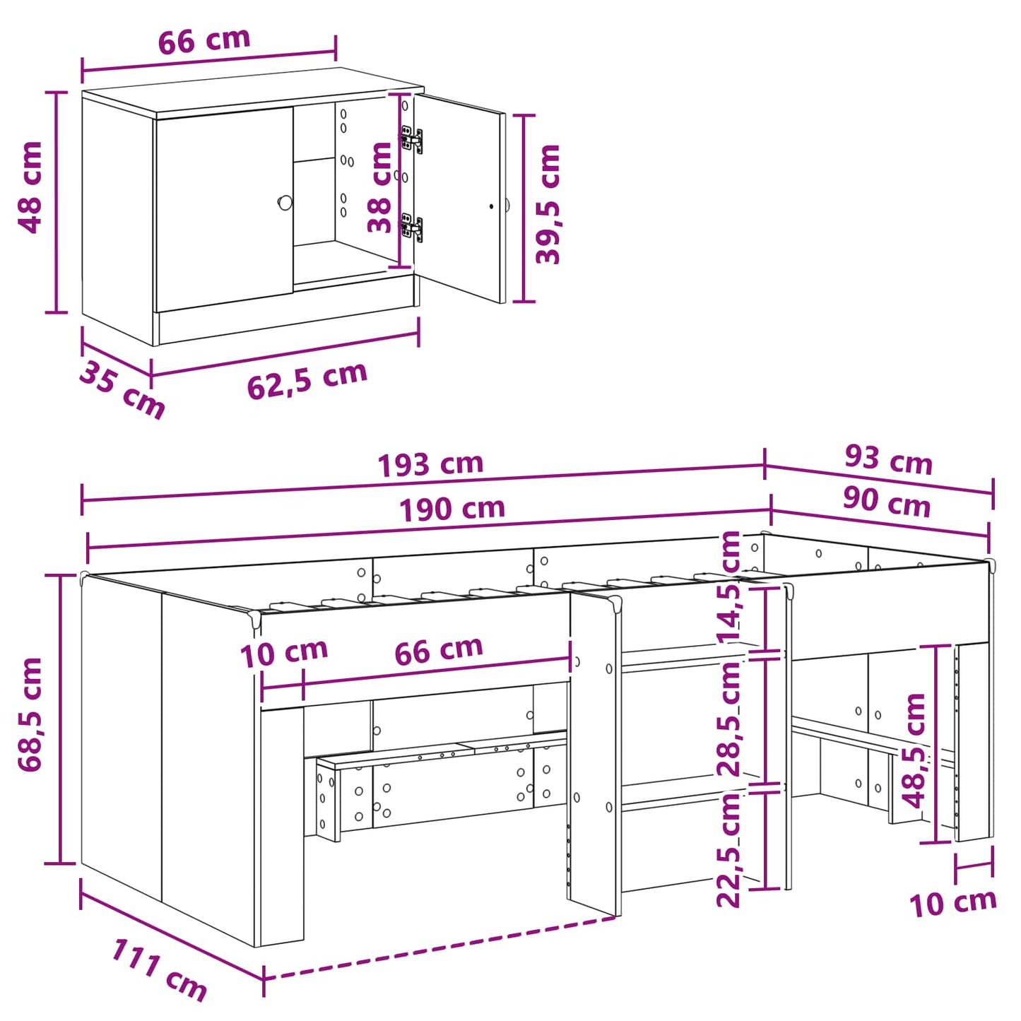 Loft Bettgestell mit Schrank mit Tür 3 stk. Weiß Holzwerkstoff