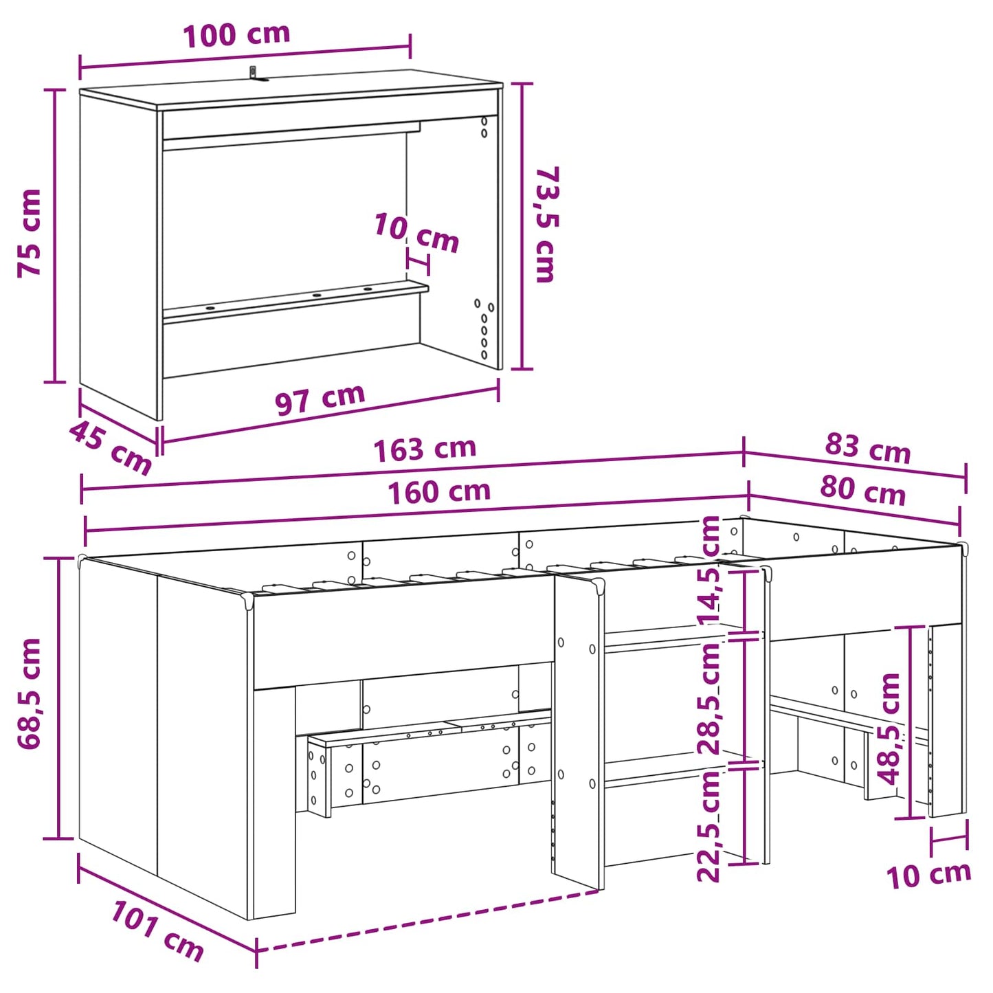 Hochbett mit Schreibtisch für Kinder 2 Stk. Sonoma-Eiche