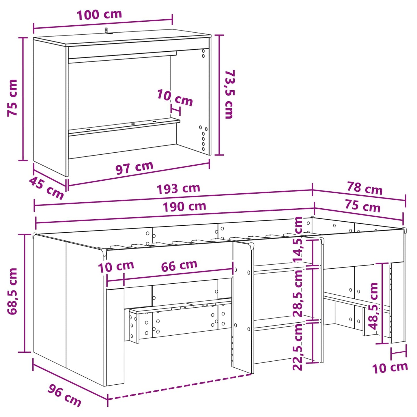 Hochbett mit Schreibtisch für Kinder 2 Stk. Weiß Holzwerkstoff