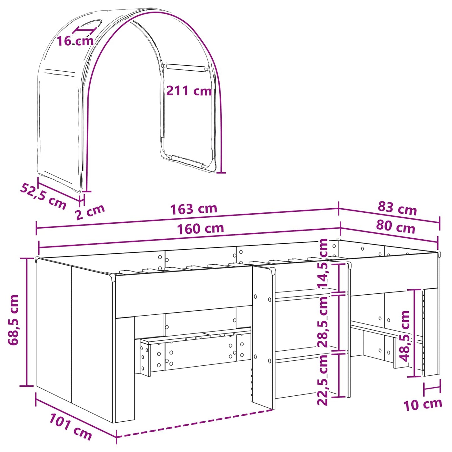 Bett mit Tunnel 3 Stk. Sonoma und Hellblau Holzwerkstoff