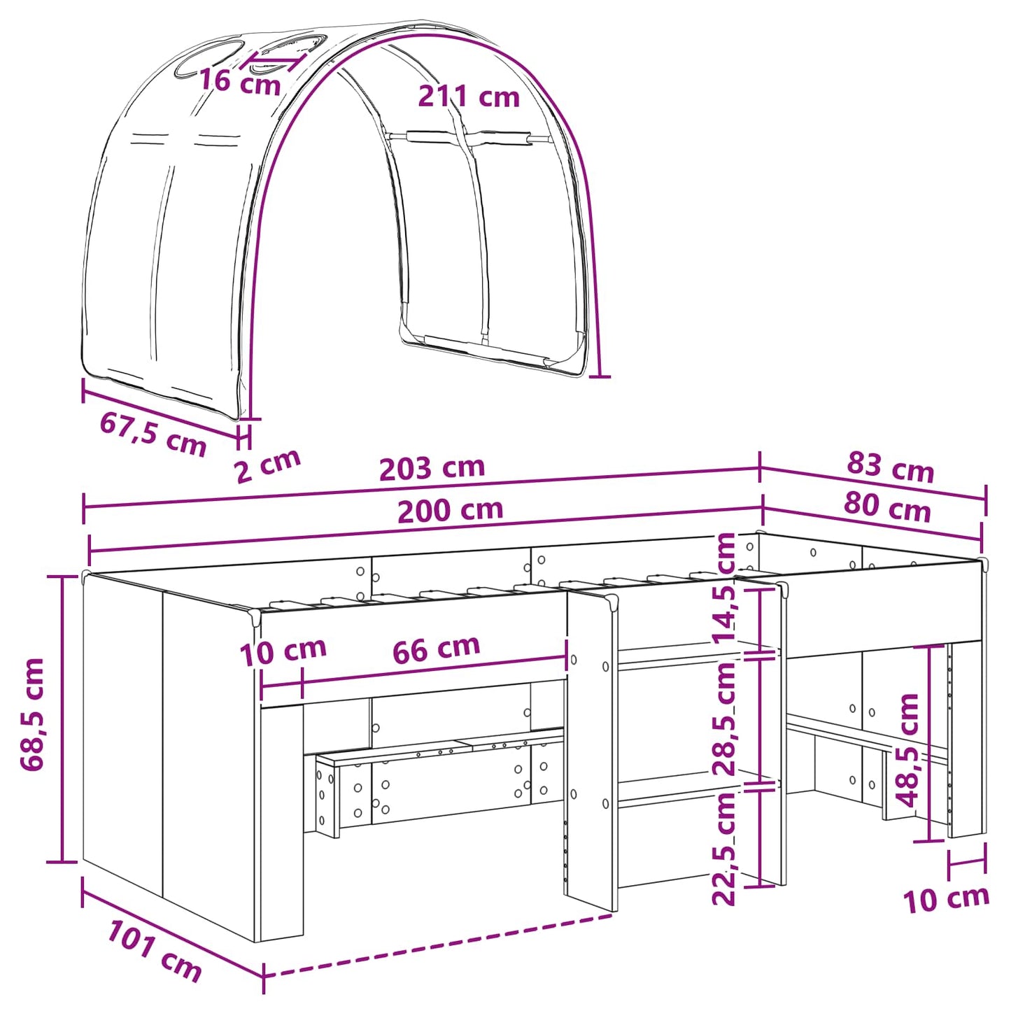 Bett mit Tunnel 3 stk. Weiß und Hellblau Holzwerkstoff