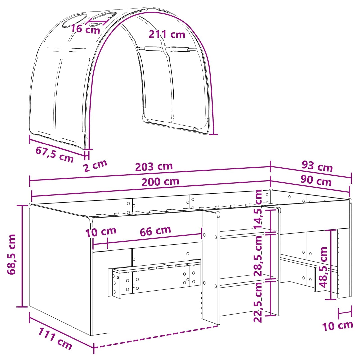 Hochbett für Kinder mit Tunnel 3 stk. Weiß Holzwerkstoff