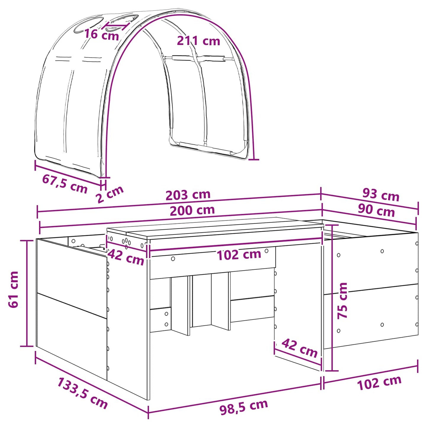 Bett mit Tunnel 3 stk. Sonoma Eiche und Rot Holzwerkstoff